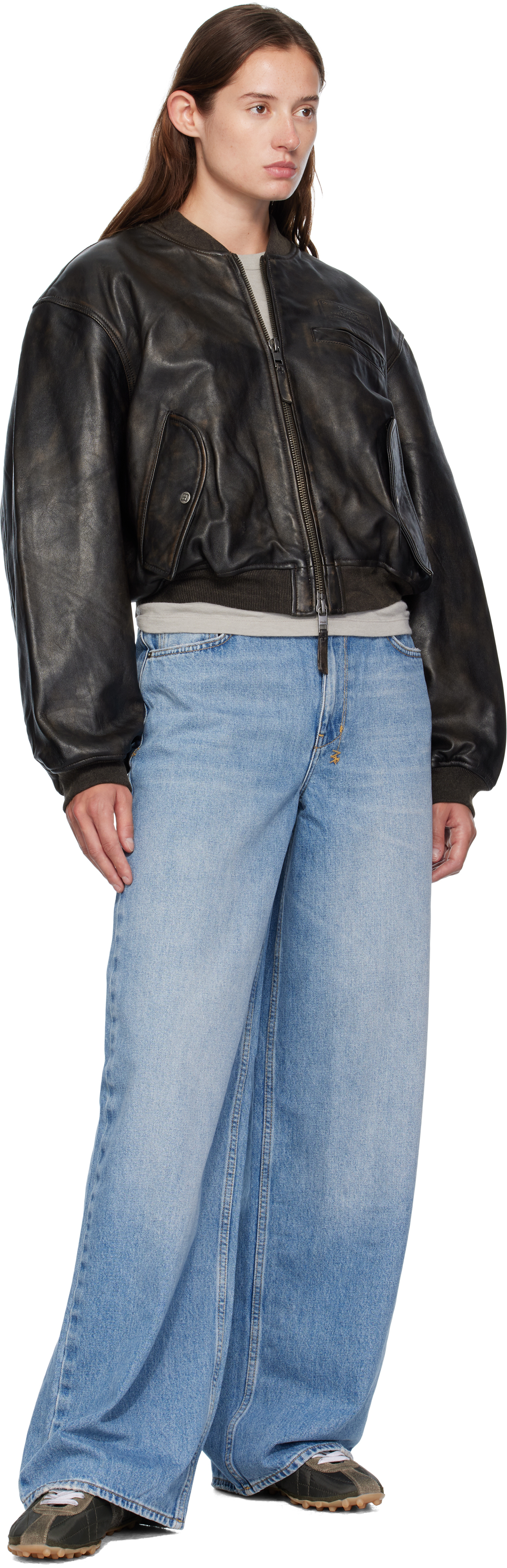 Ksubi Black Alpha Crop Leather Bomber Jacket In Black