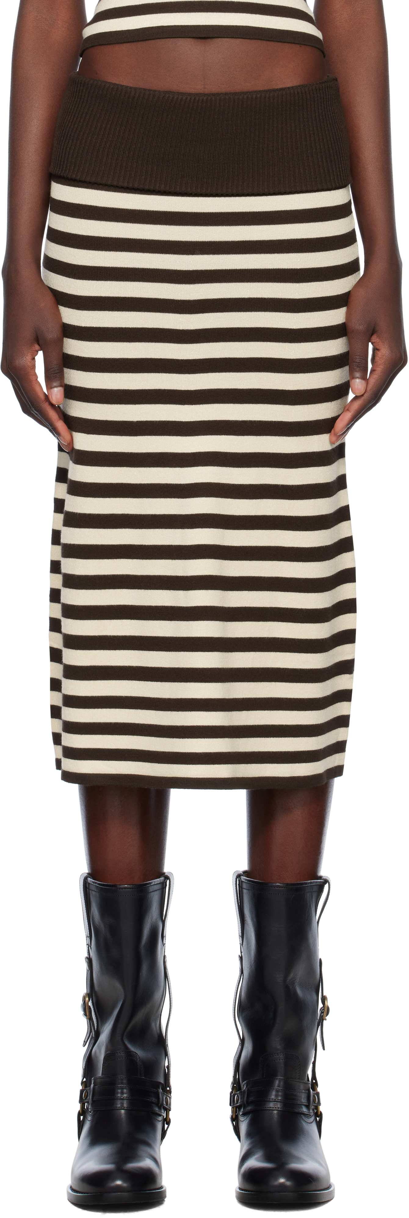 Frankies Bikinis Brown Bella Hadid Edition Tucker Knit Midi Skirt In Cowboy Stripe
