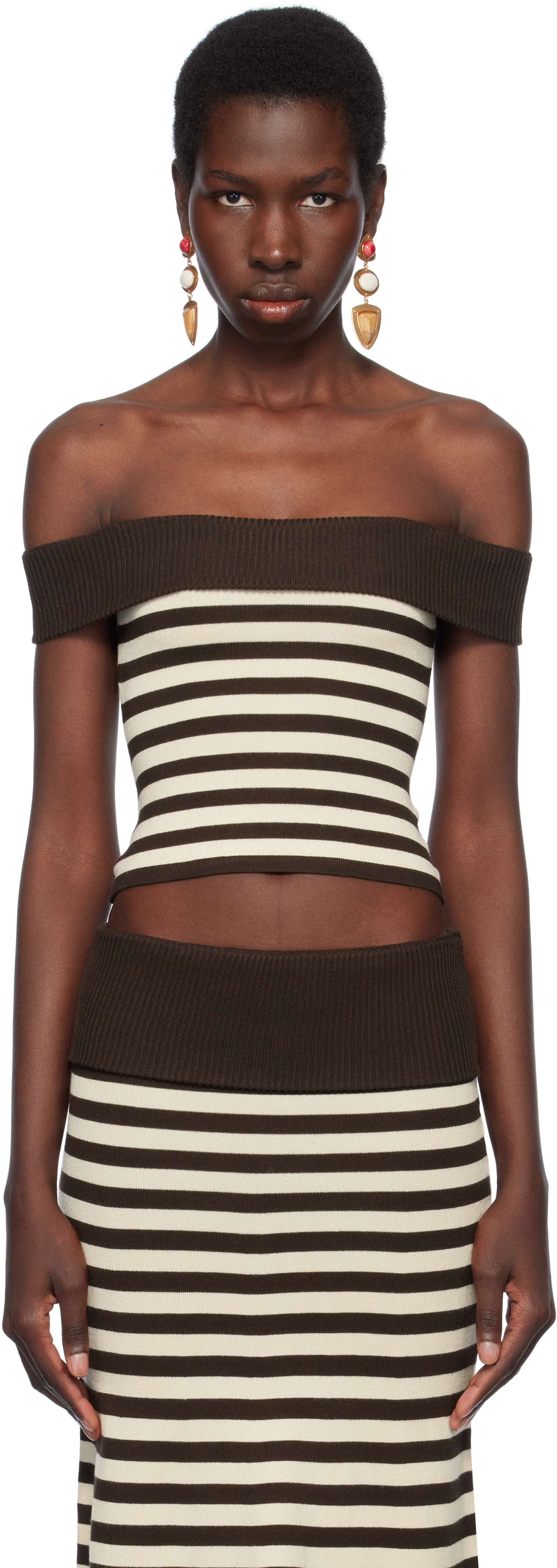 FRANKIES BIKINIS BROWN & OFF-WHITE BELLA HADID EDITION TUCKER KNIT TOP 