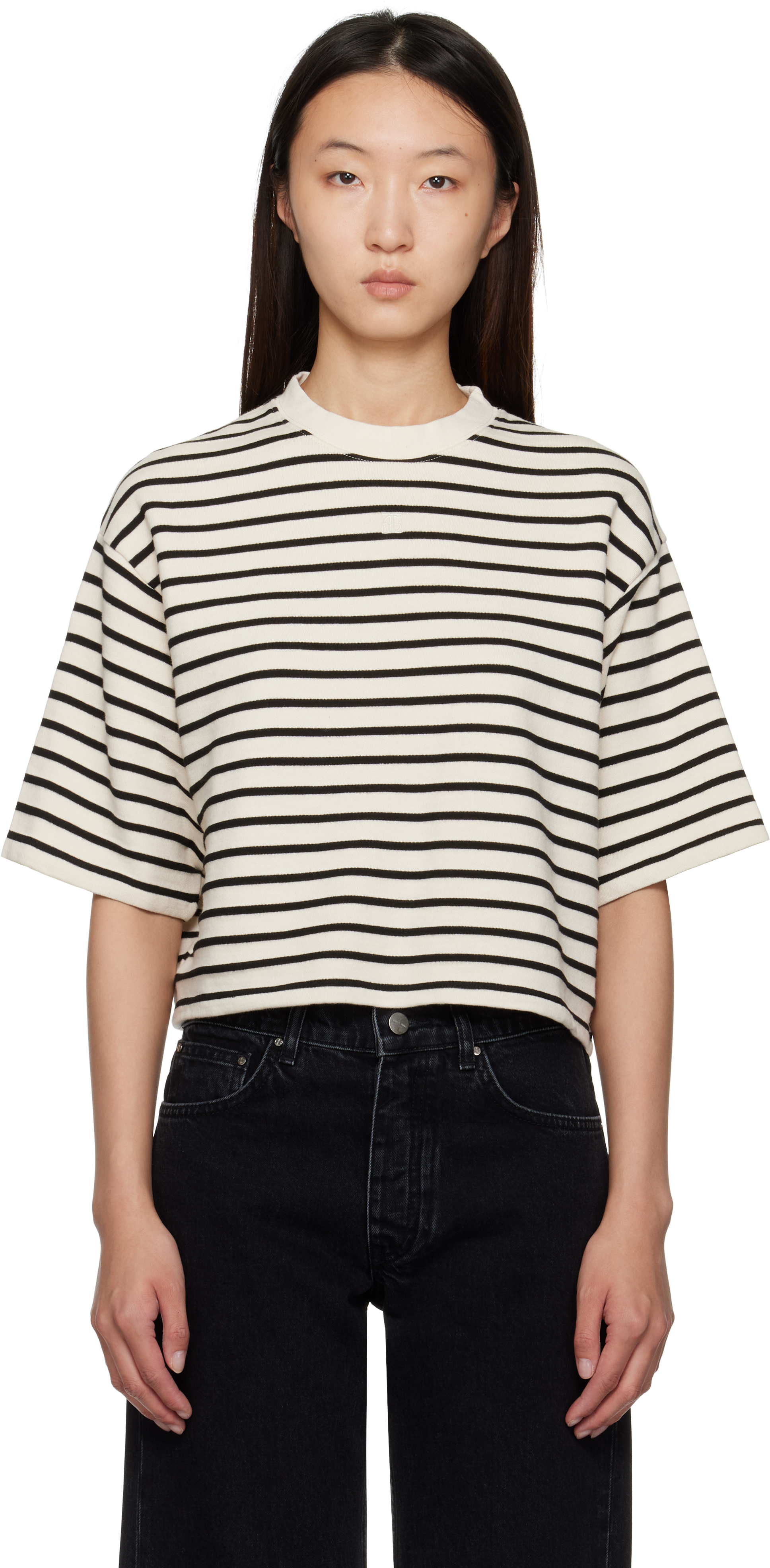 Anine Bing Womens Blk Stripe French Terry Myers Cropped Cotton-blend T-shirt In Neutral