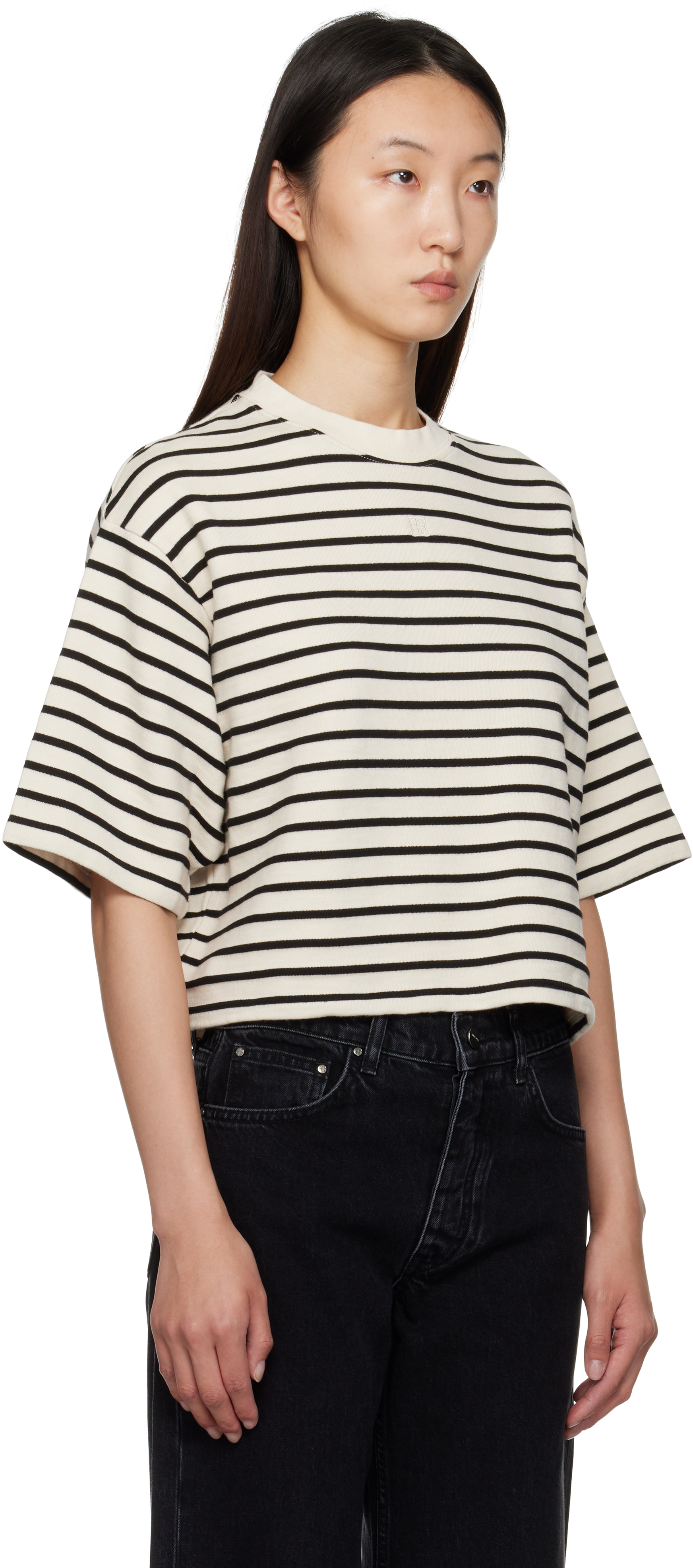 Anine Bing Womens Blk Stripe French Terry Myers Cropped Cotton-blend T-shirt In Neutral