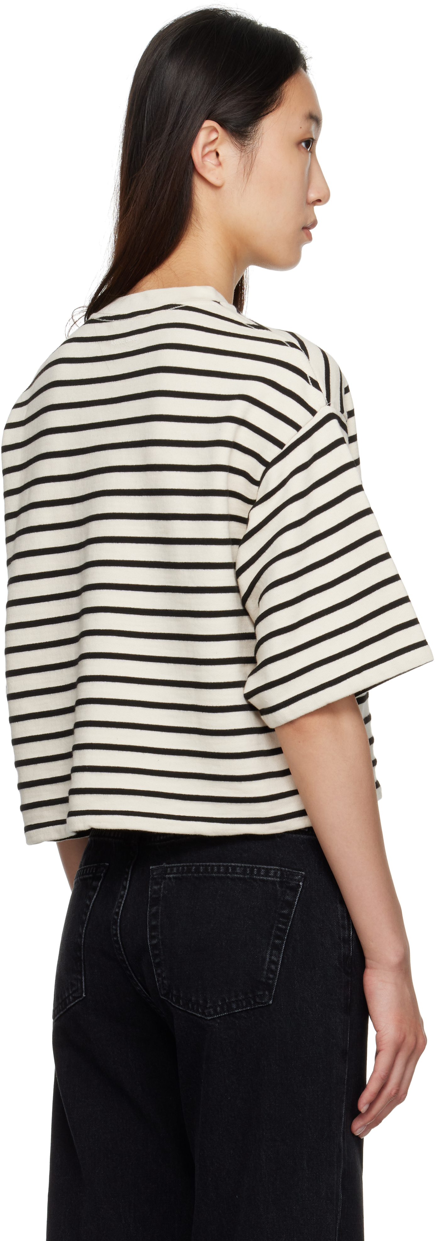 Anine Bing Womens Blk Stripe French Terry Myers Cropped Cotton-blend T-shirt In Neutral