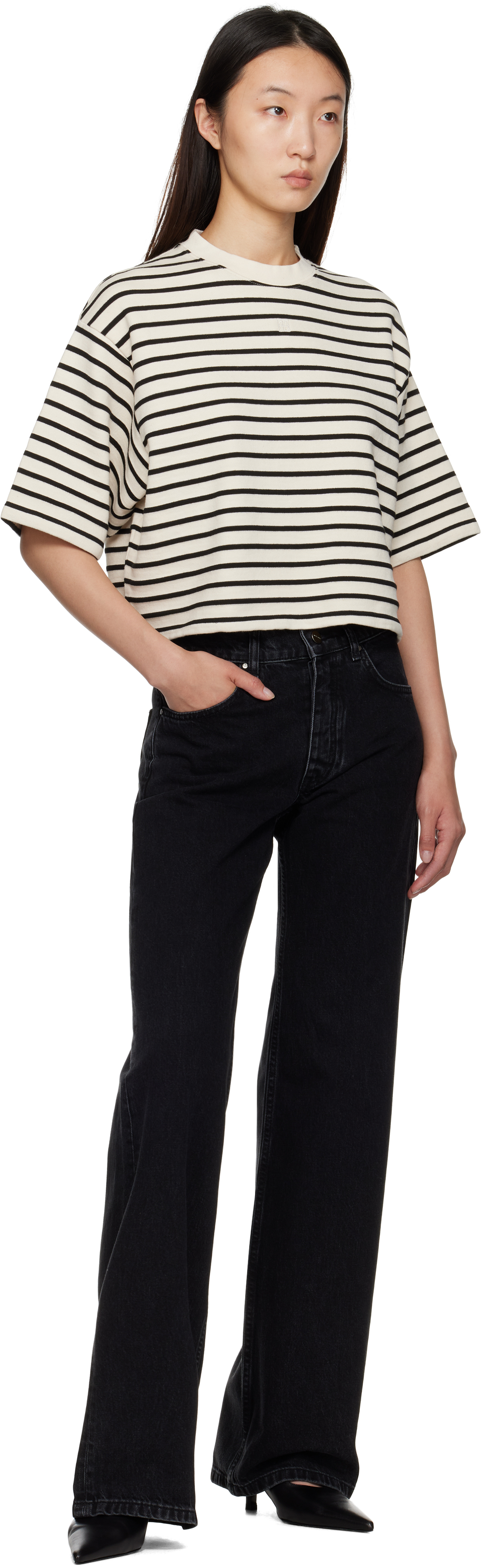 Anine Bing Womens Blk Stripe French Terry Myers Cropped Cotton-blend T-shirt In Neutral