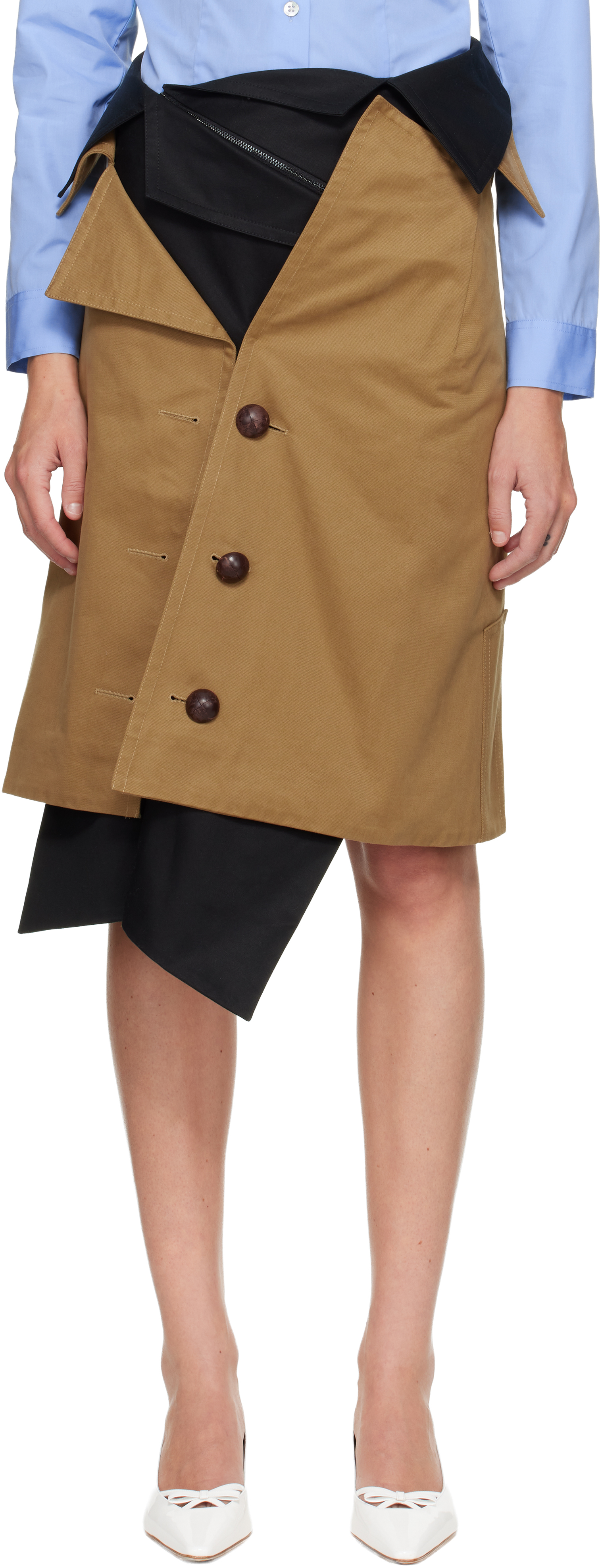 August Barron Beige & Black Trench Coat Midi Skirt In Multi