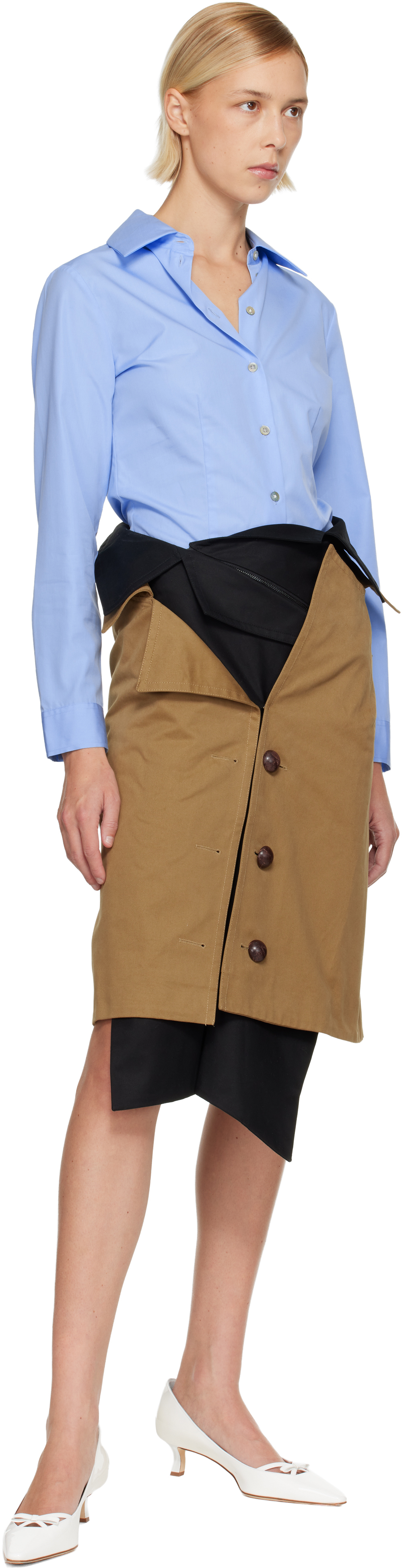 August Barron Beige & Black Trench Coat Midi Skirt In Multi