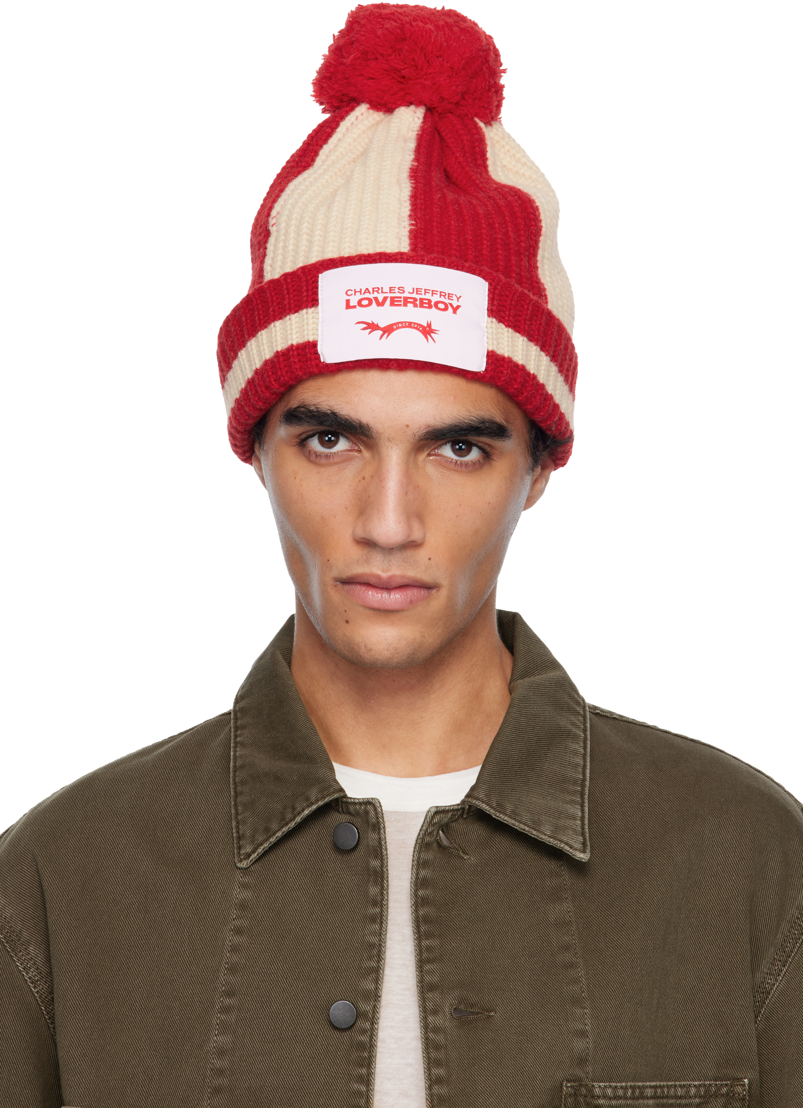 Charles Jeffrey Loverboy Red & Off-white Pompom Beanie