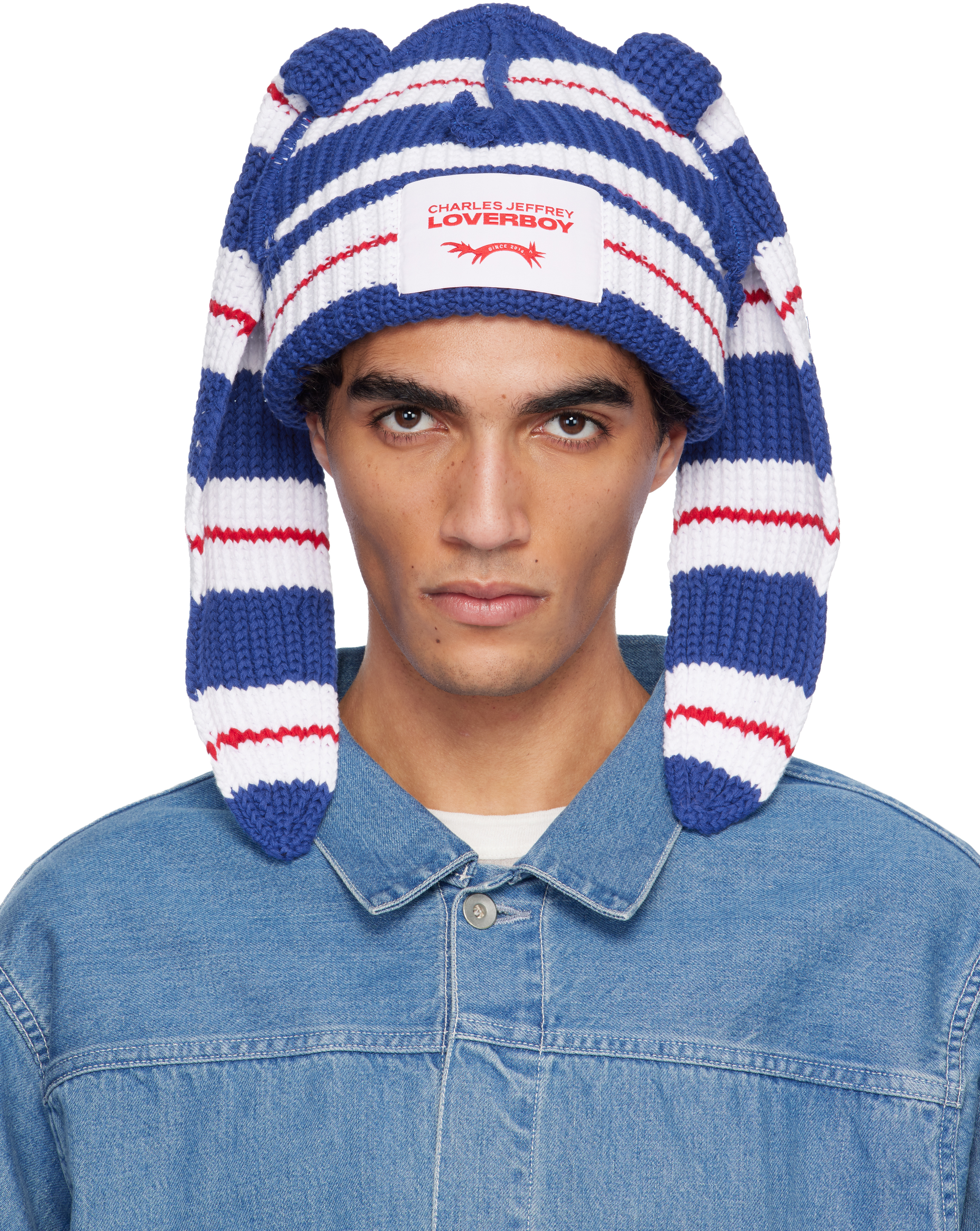 Charles Jeffrey LOVERBOY: Blue & White Chunky Rabbit Beanie | SSENSE
