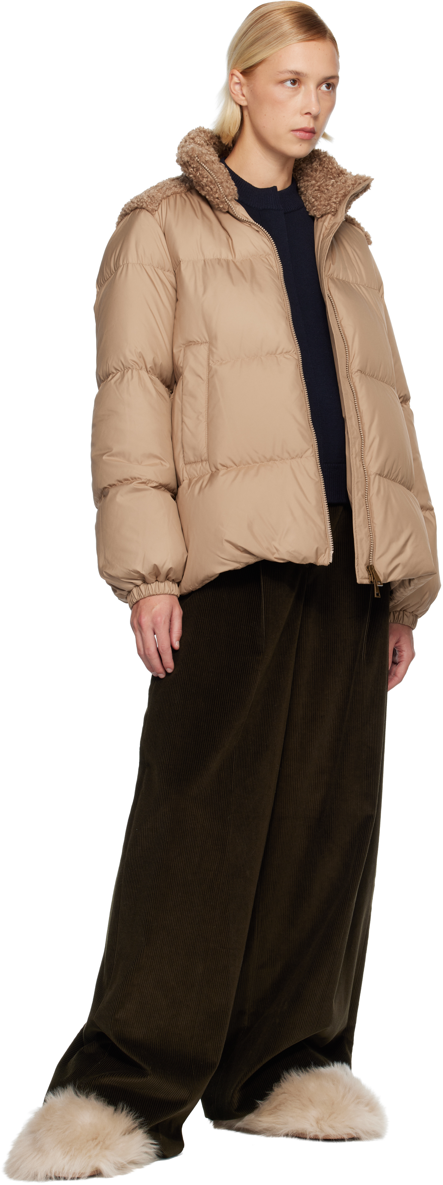 Moncler Beige Esnaie Teddy-trimmed Short Down Jacket In Brown