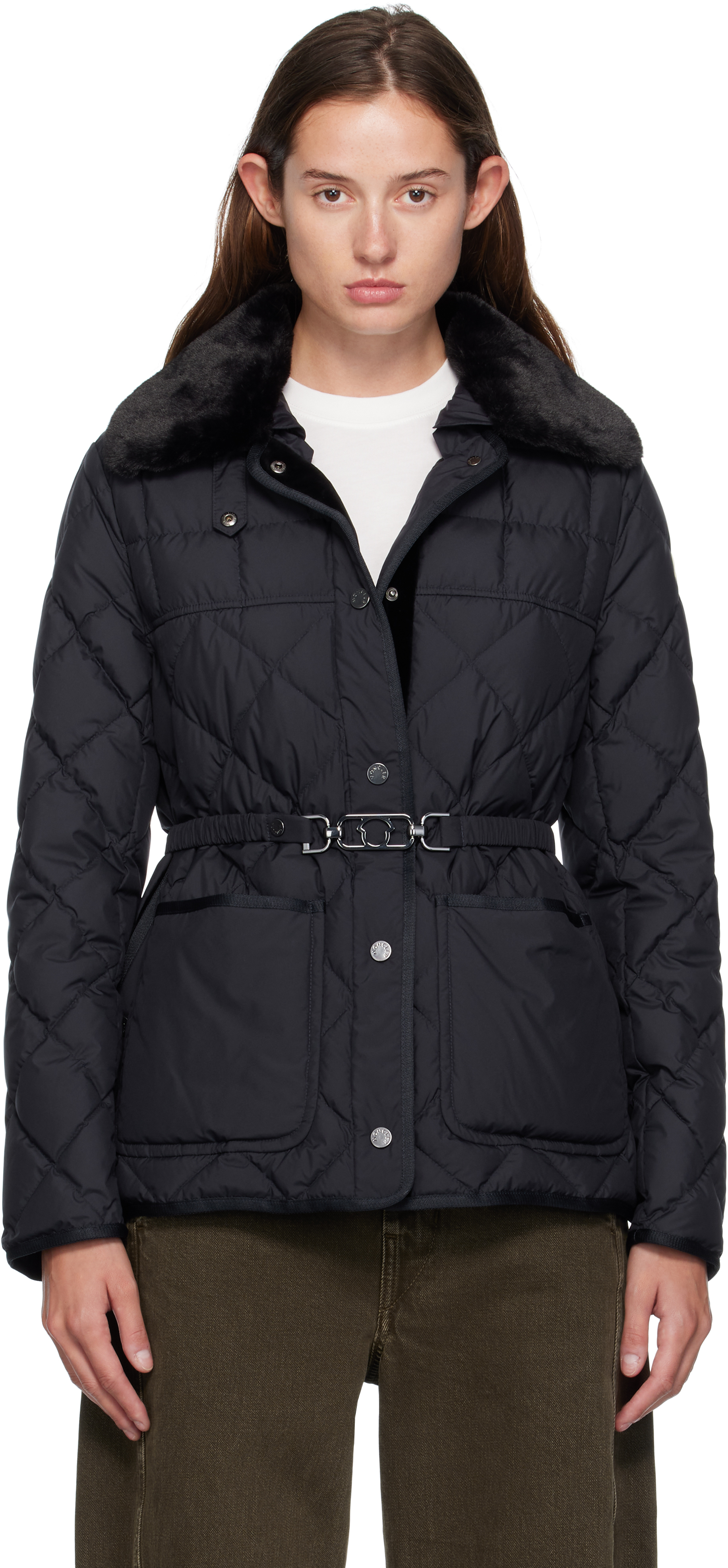 Moncler Navy Cygne Faux Fur-trimmed Short Down Jacket In Black