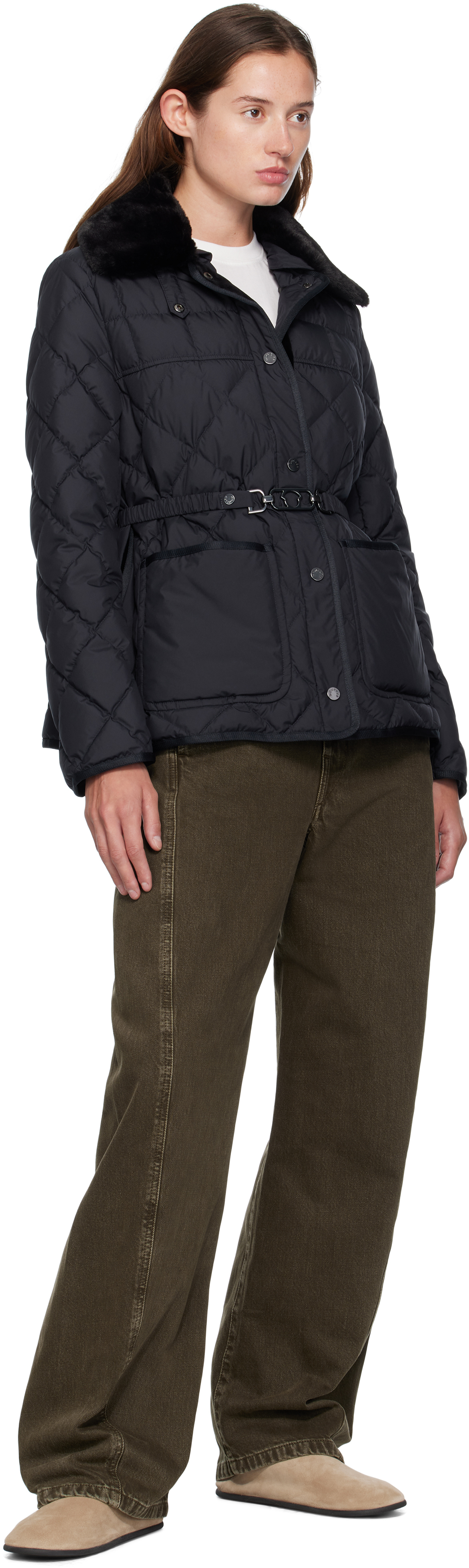 Moncler Navy Cygne Faux Fur-trimmed Short Down Jacket In Black