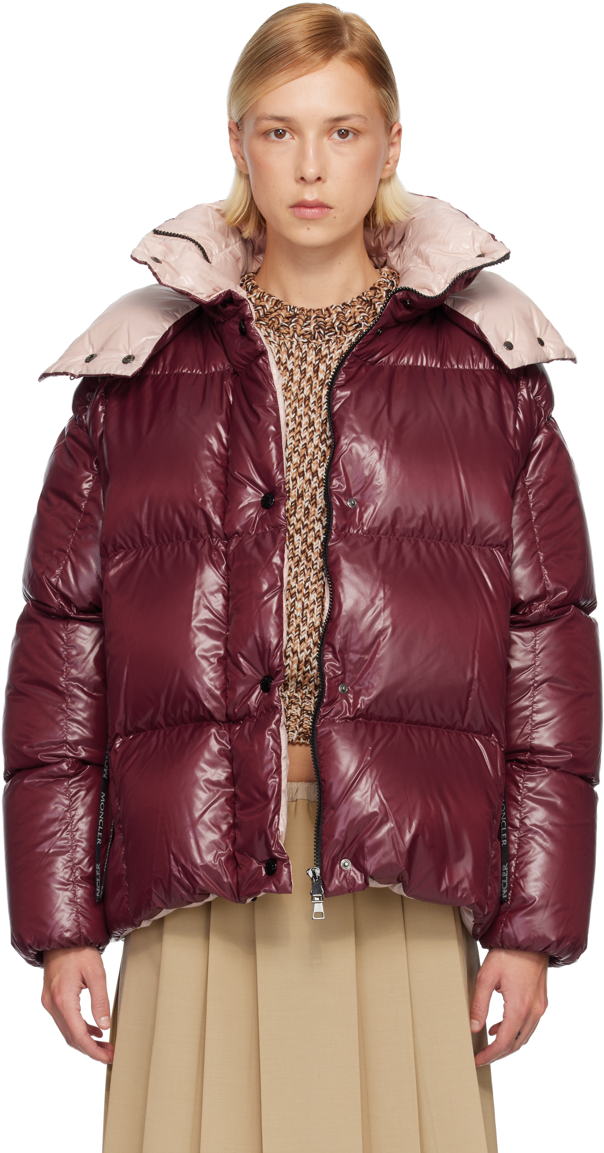 Moncler Pink Parana Hooded Short Down Jacket In Burgundy
