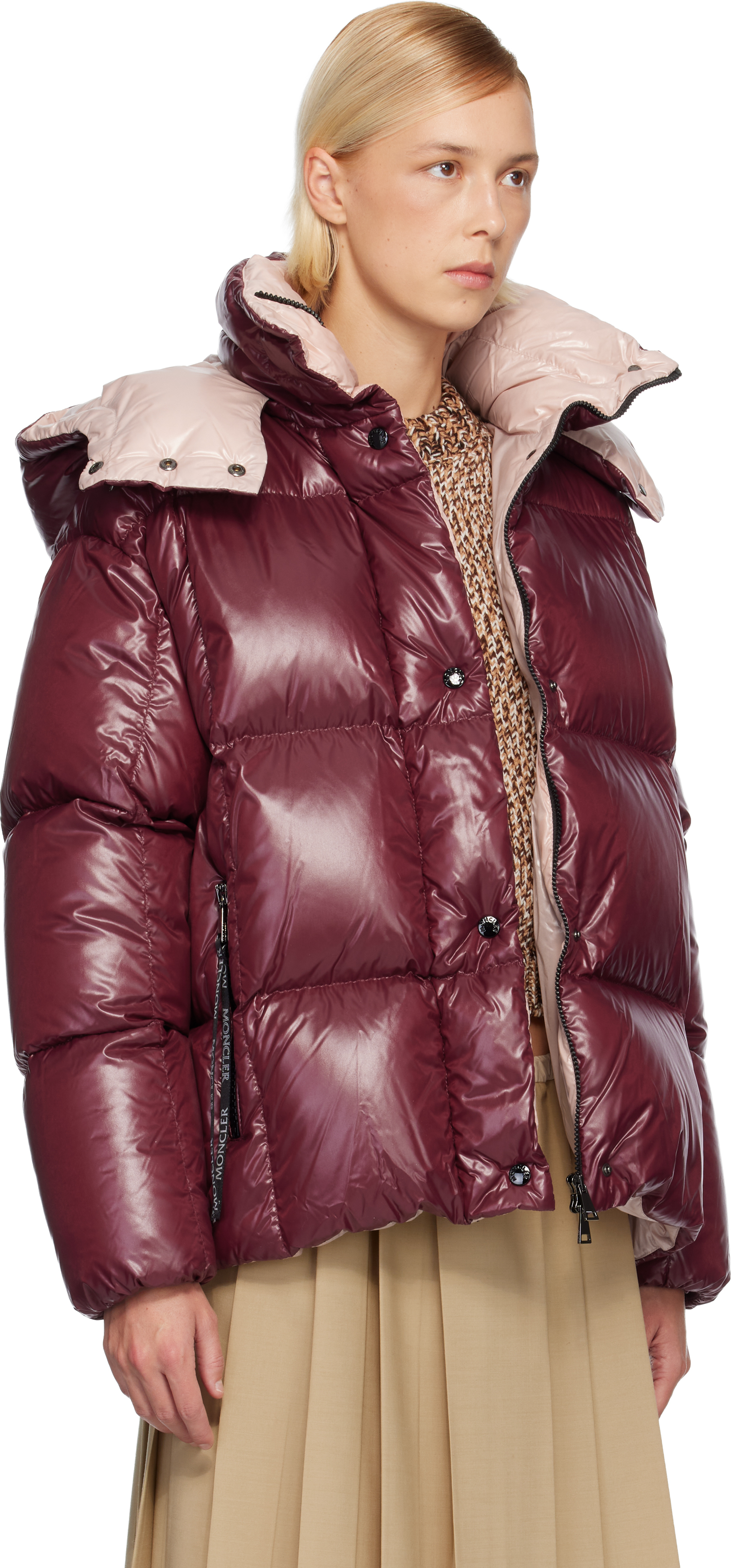 Moncler Pink Parana Hooded Short Down Jacket In Burgundy