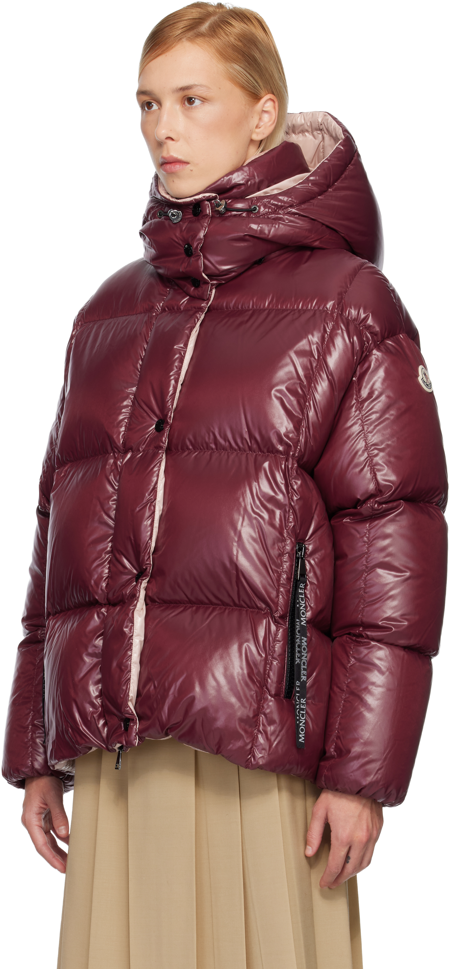 Moncler Pink Parana Hooded Short Down Jacket In Burgundy