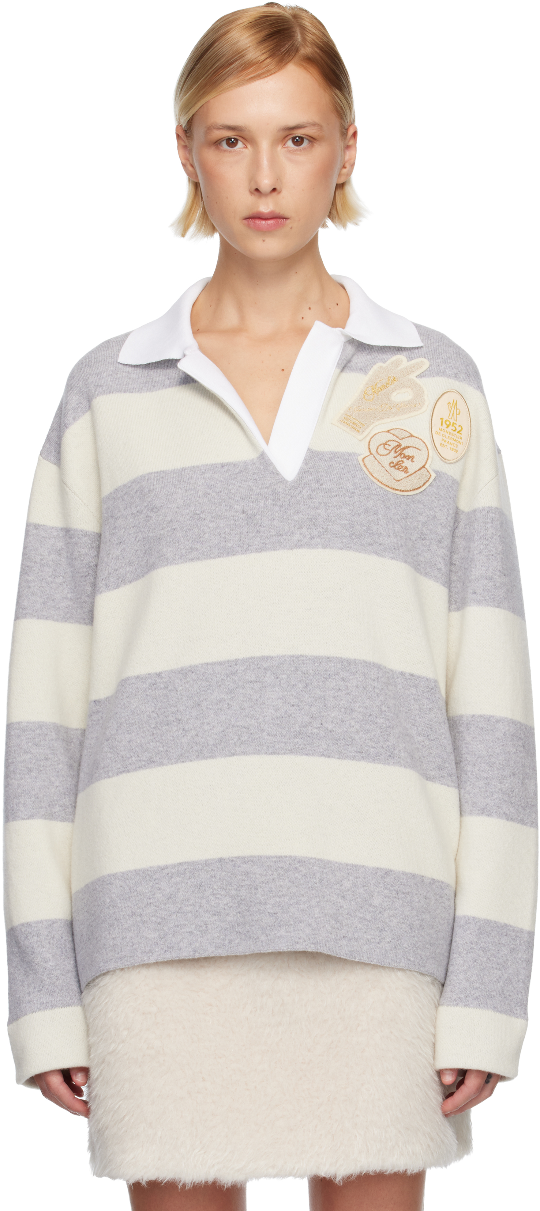 Moncler Gray & Off-white Long Sleeve Polo In Gray