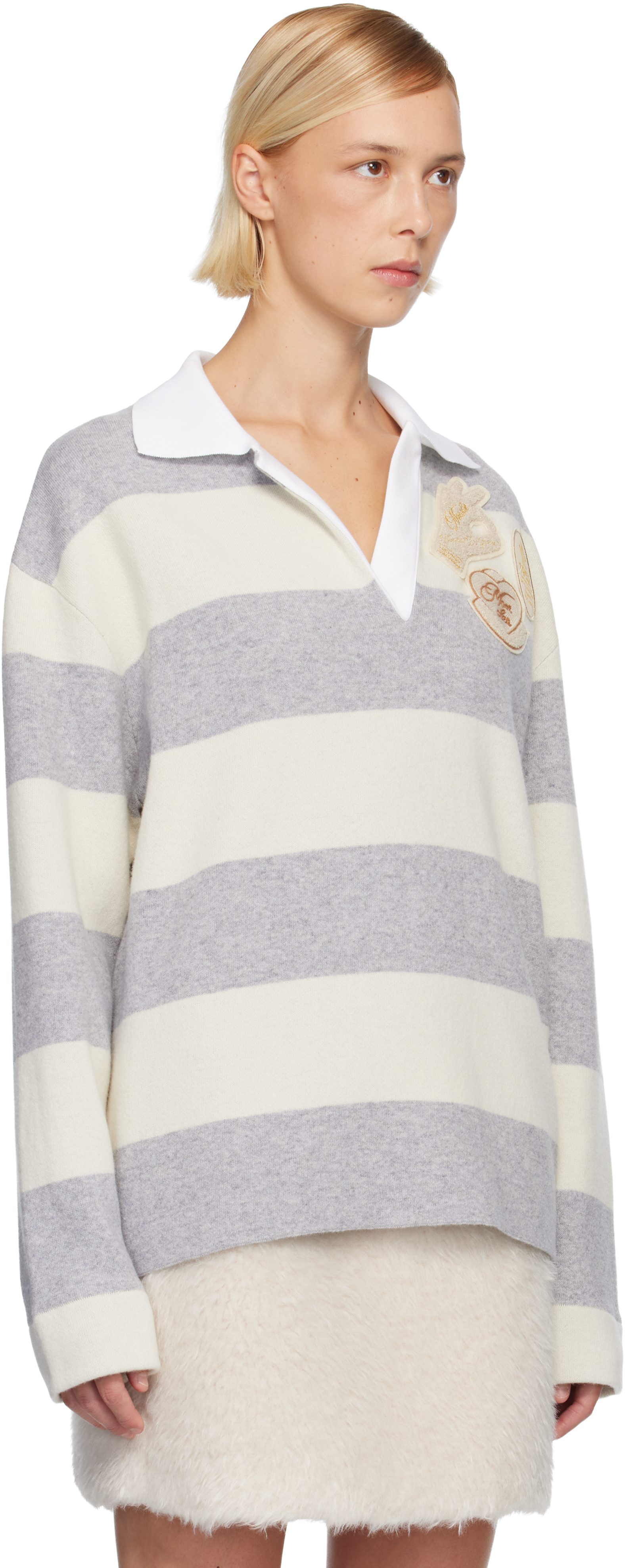 Moncler Gray & Off-white Long Sleeve Polo In Gray