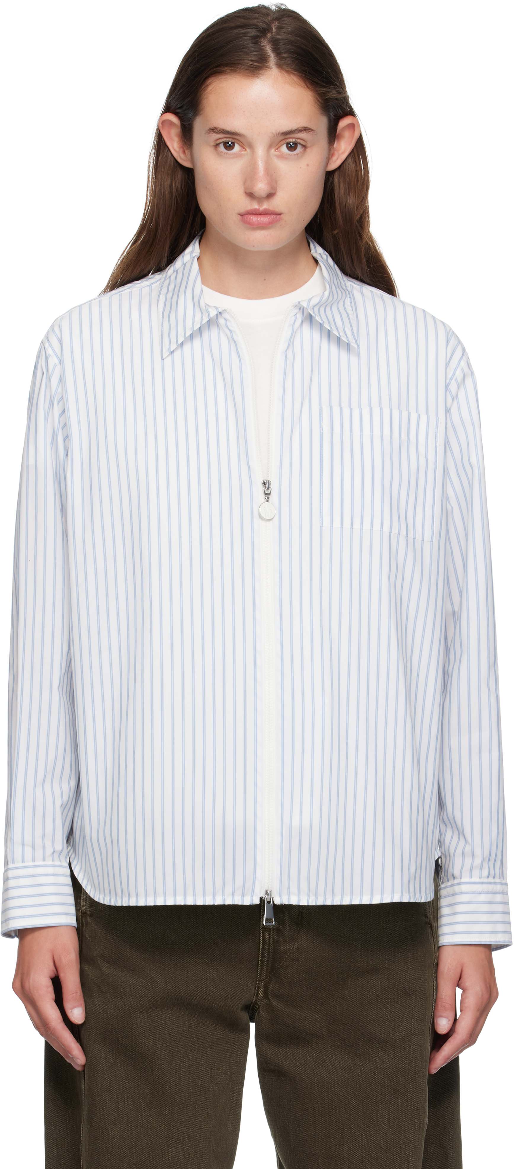 kazu MONCLER ストライプシャツ Moncler: White & Blue Striped Shirt | SSENSE