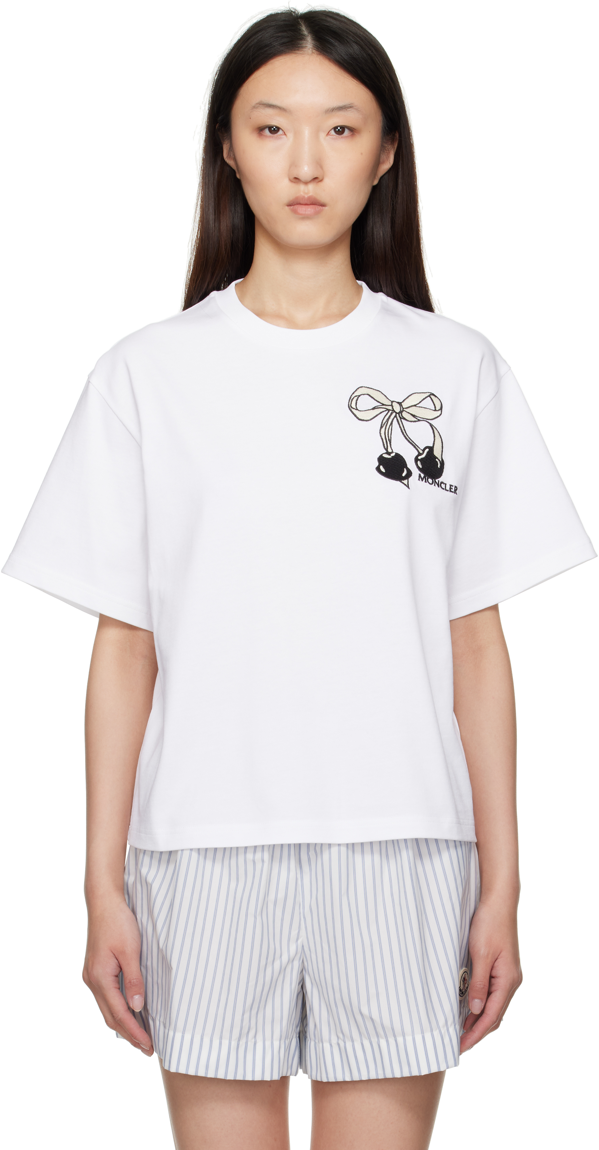 Moncler: ホワイト Embroidered Cherry ロゴ コットン Tシャツ