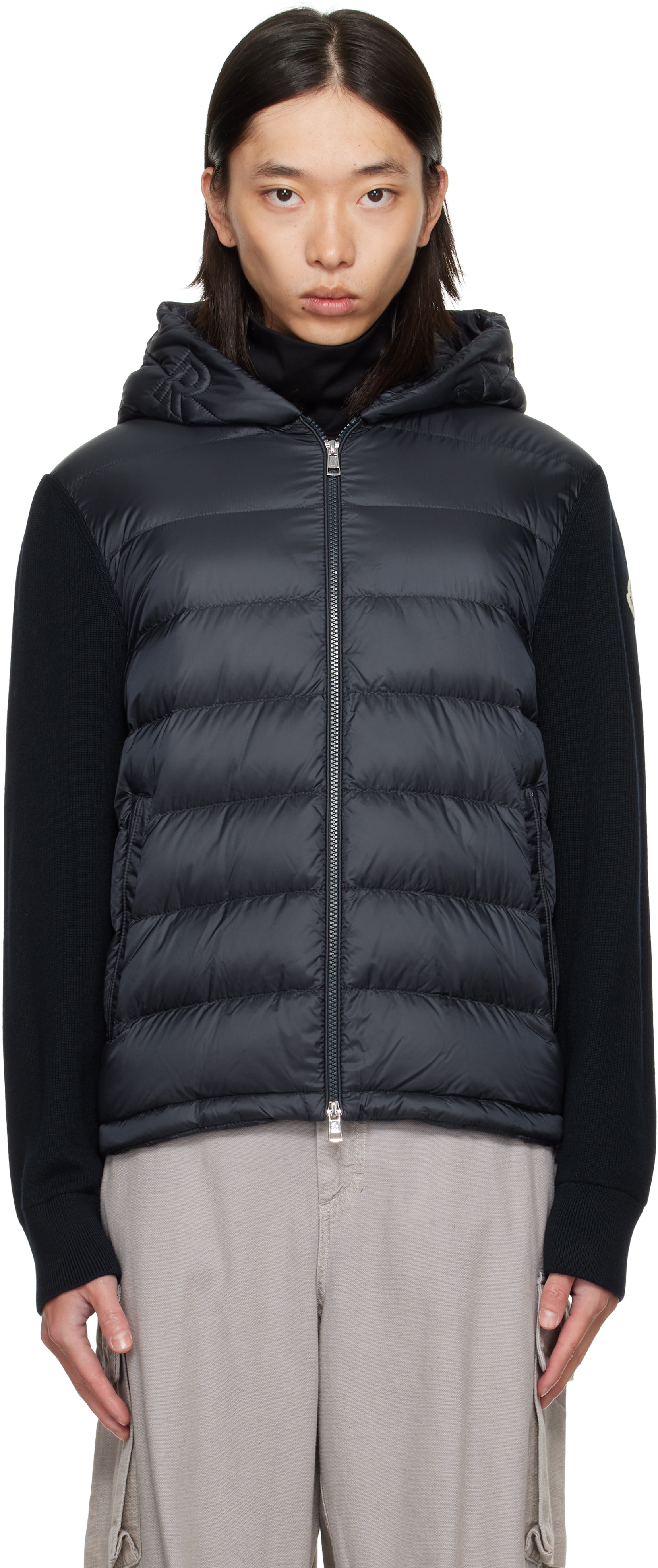 MONCLER フーディ Sサイズ NAVY Moncler: Navy Padded Wool Zip-Up Down Hoodie | SSENSE