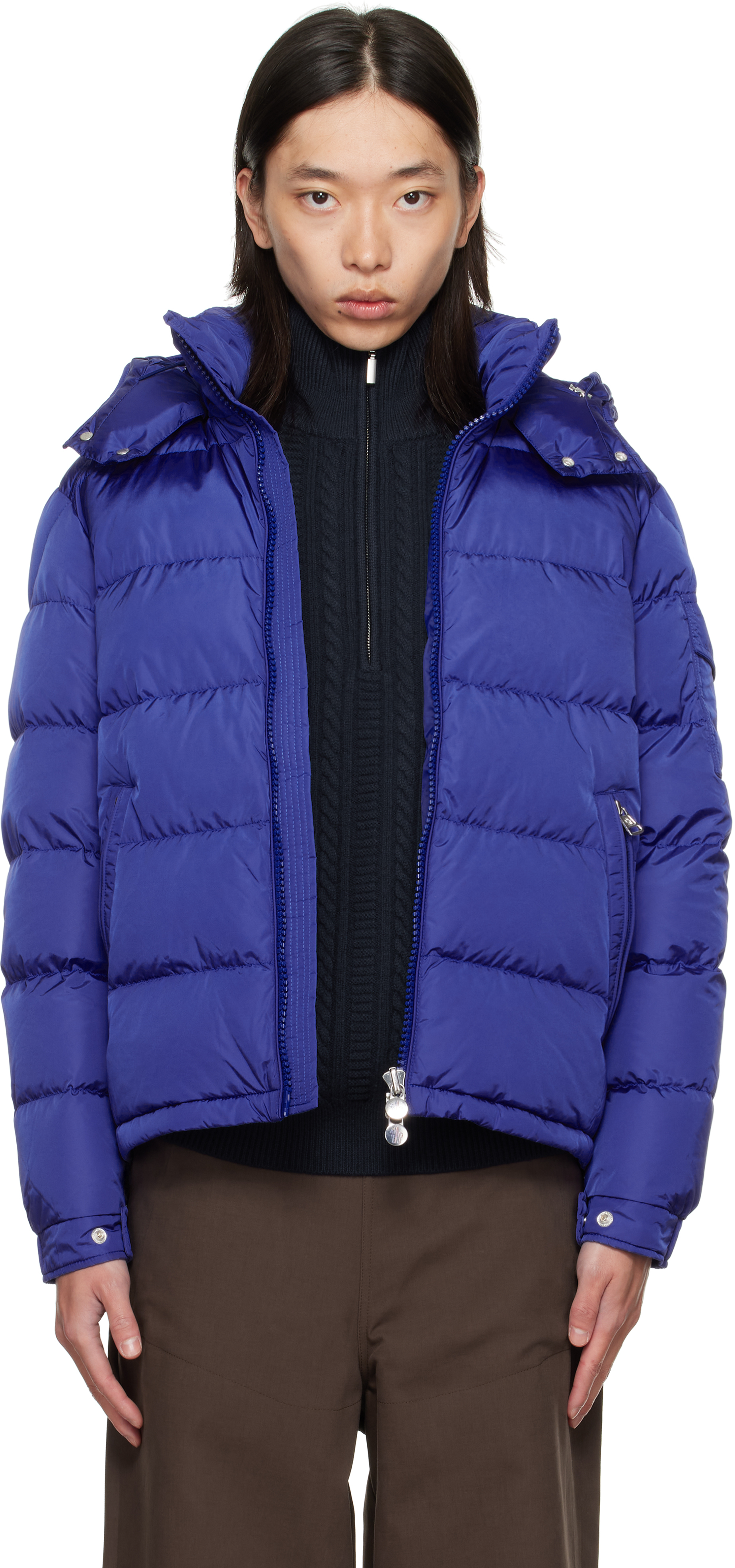 Moncler: Blue Maya Short Down Jacket | SSENSE Canada