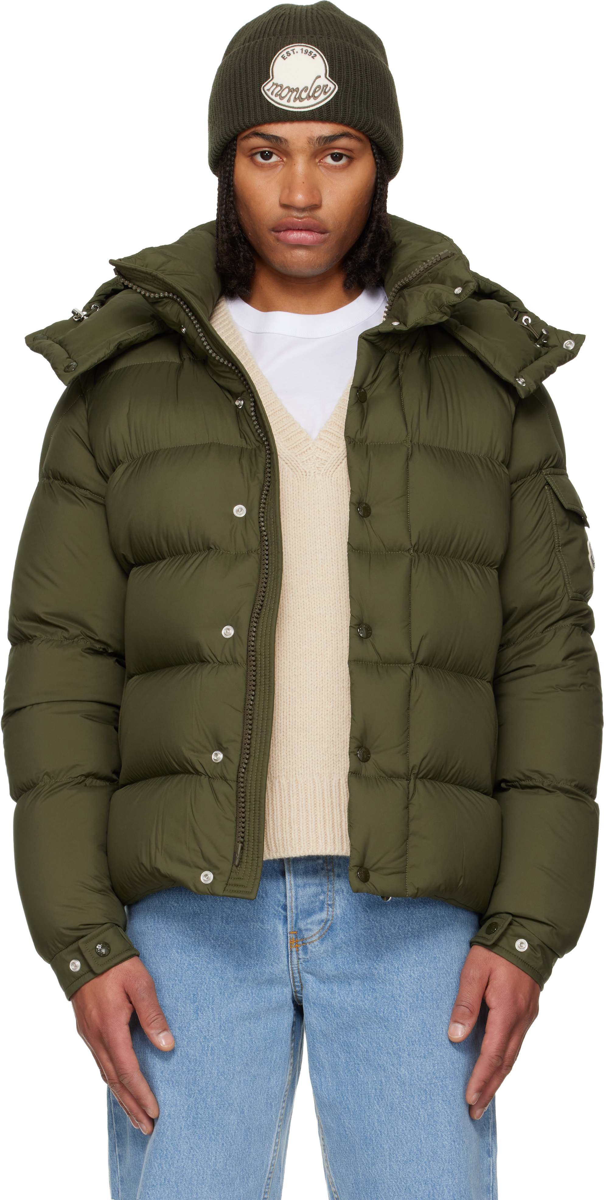 Moncler: グリーン Maya 70 フード付き ショート ダウンジャケット