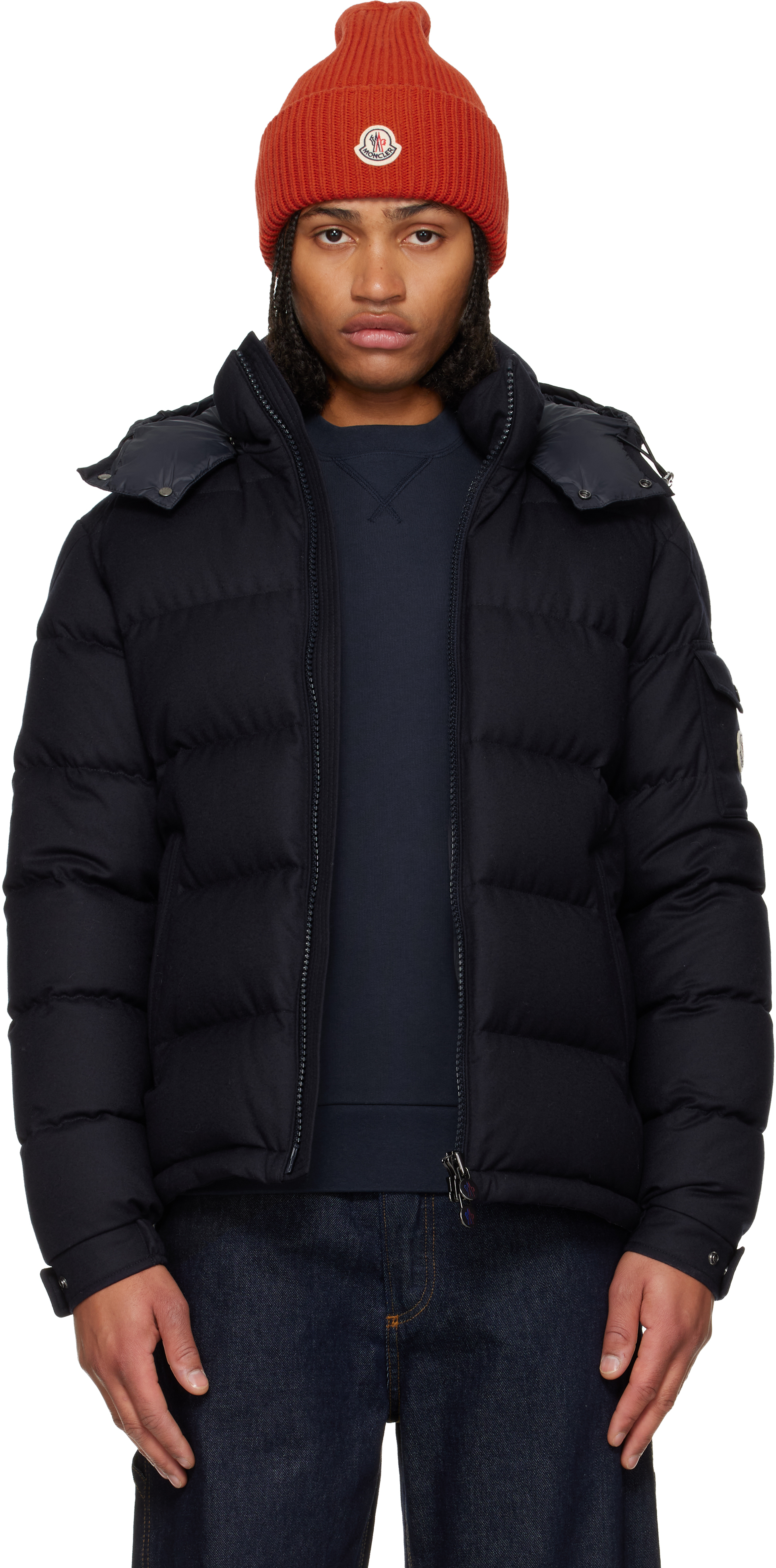 Moncler: Navy Montgenevre Hooded Wool Flannel Short Down Jacket