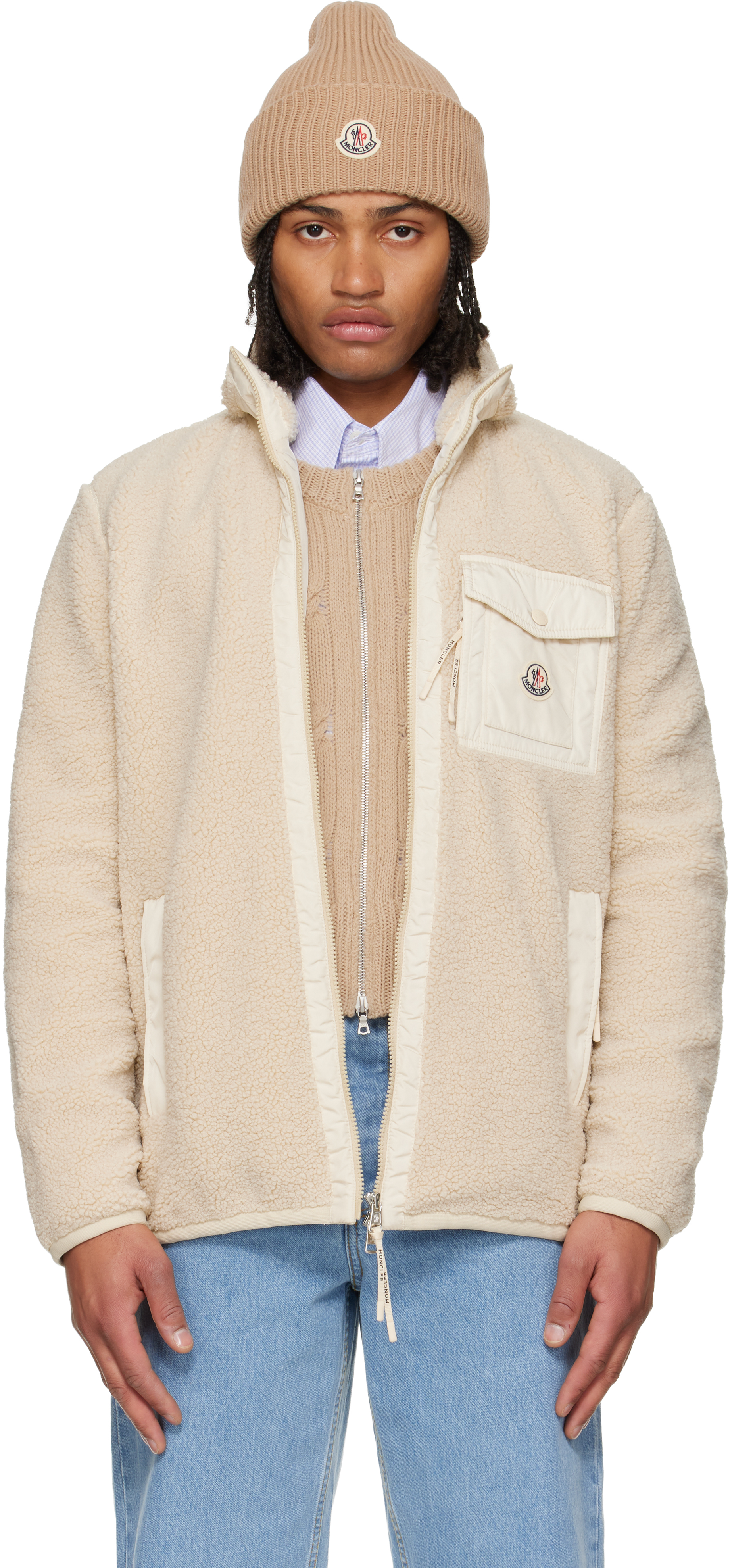 Moncler: Beige Teddy Zip-Up Pocket Jacket | SSENSE