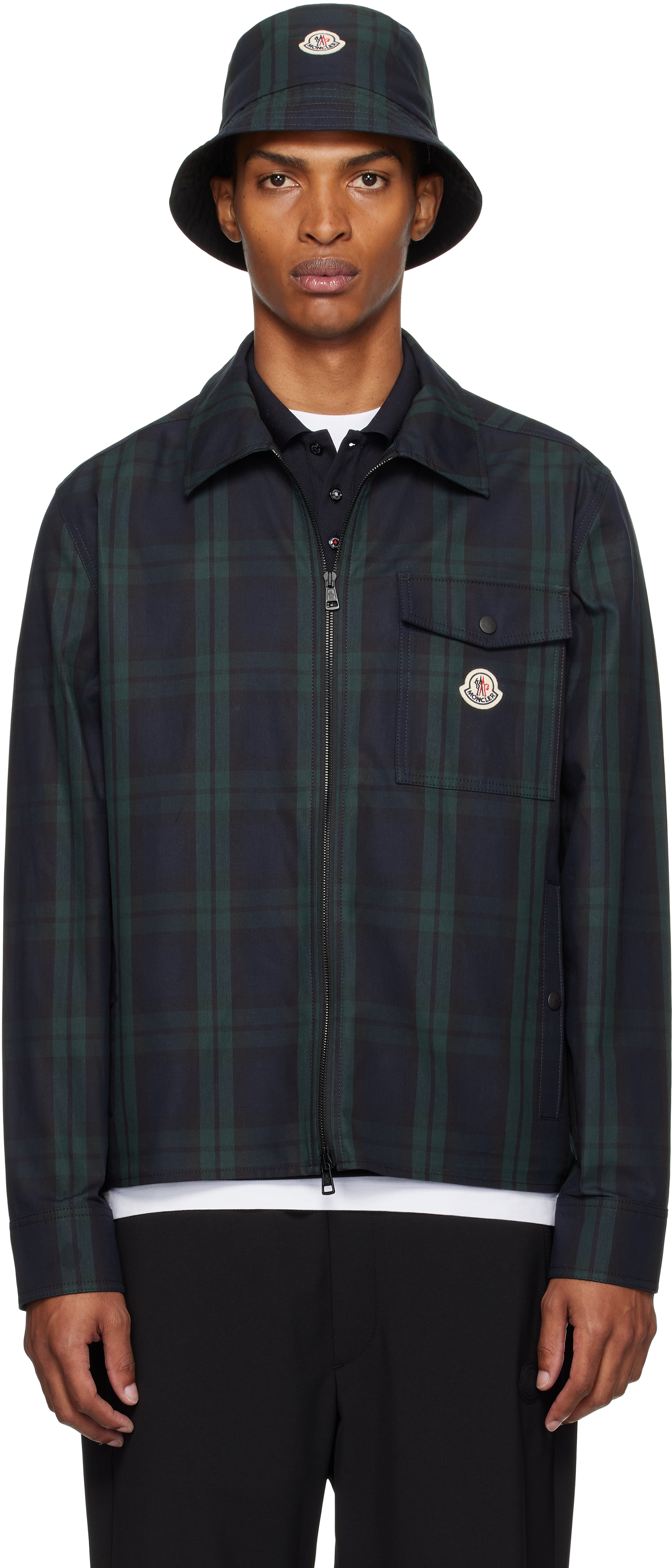 Moncler: Black & Green Checked Cotton Gabardine Shirt | SSENSE