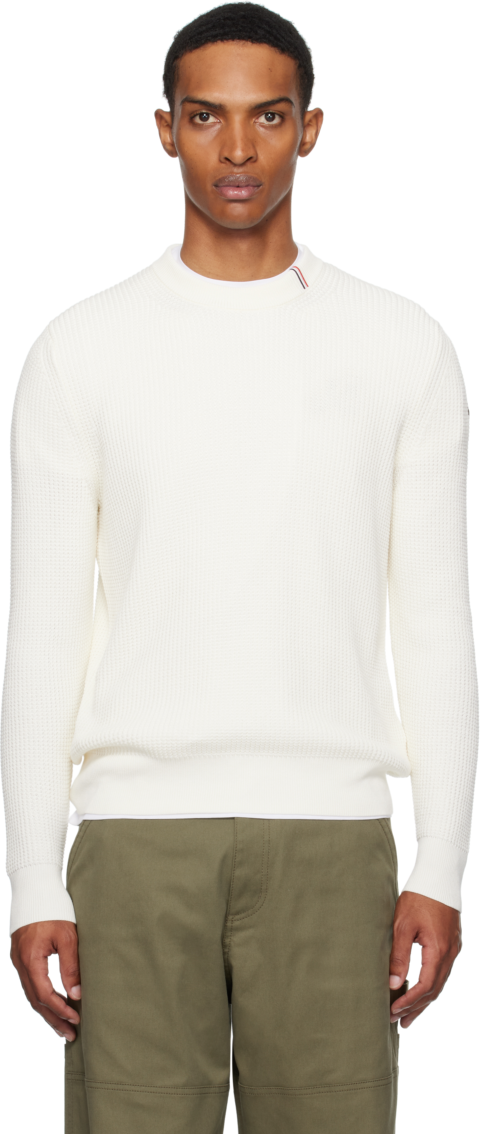 MONCLER オフホワイト ハイブリッドセーター Moncler: Off-White Crew Neck Sweater | SSENSE