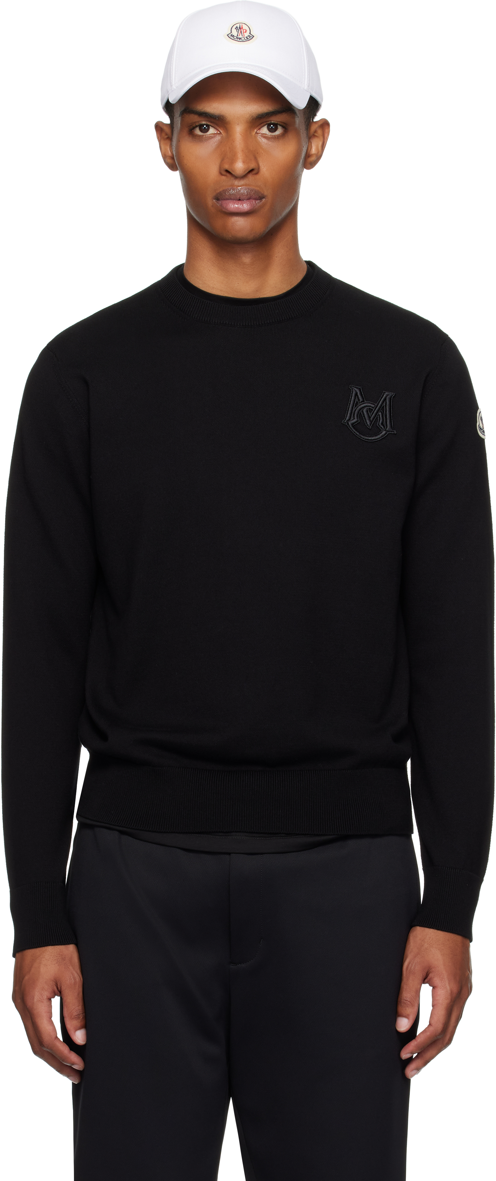 Moncler: Black Embroidered Monogram Cotton Sweater | SSENSE