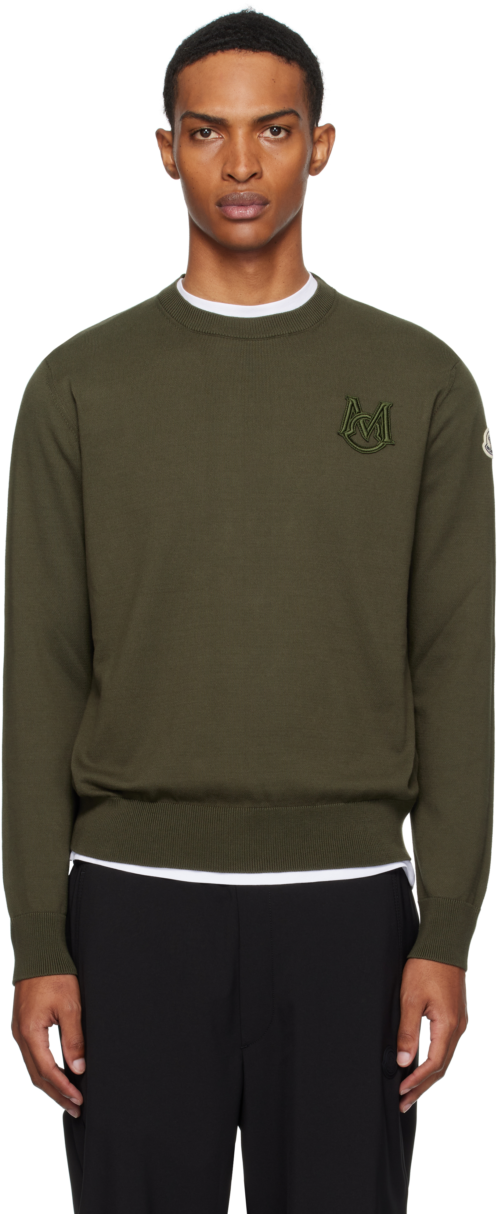 Moncler: Khaki Embroidered Monogram Cotton Sweater | SSENSE