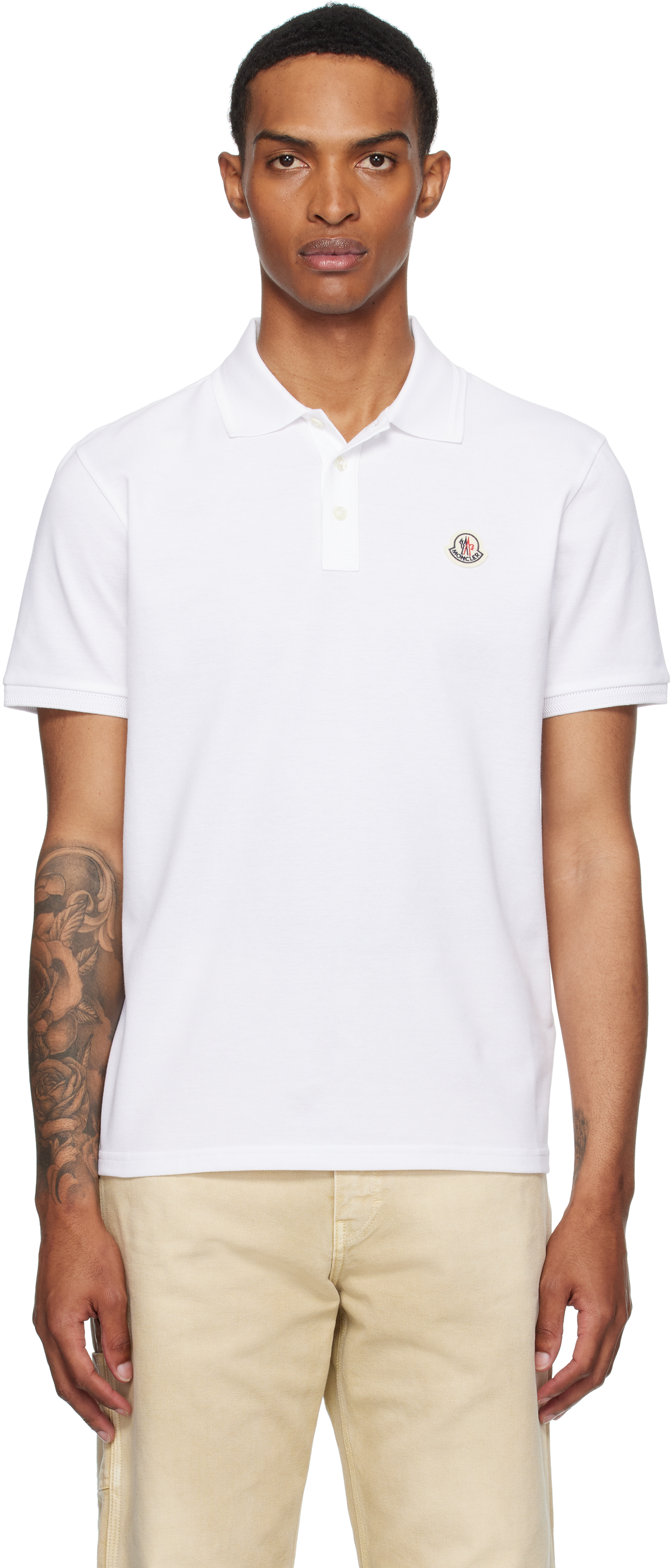 Moncler: White Logo Patch Cotton Piquet Polo | SSENSE