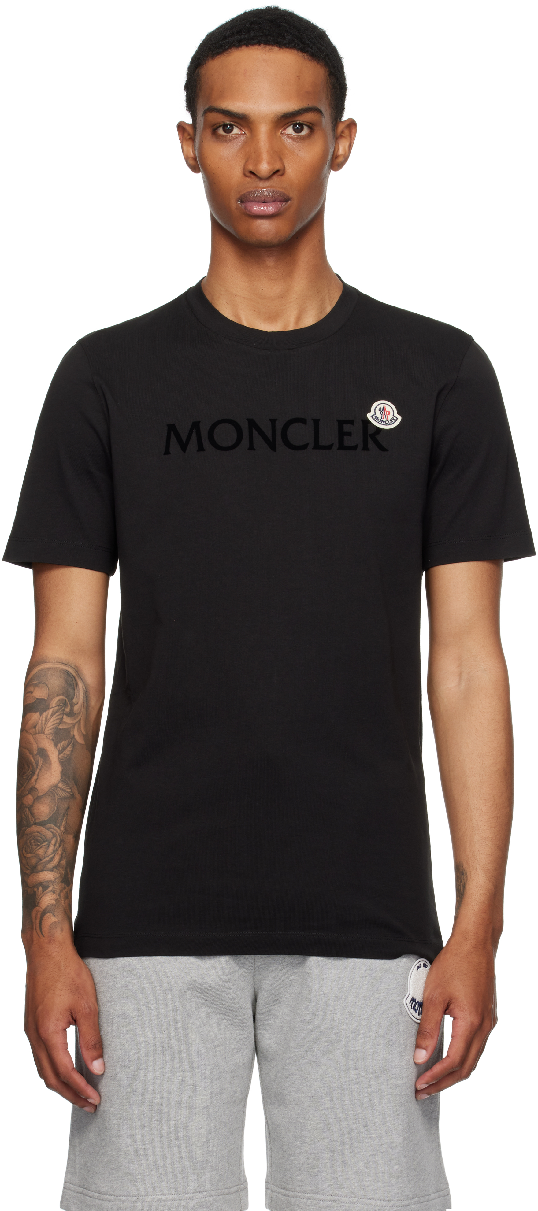 Moncler: Black Flocked Logo Cotton T-shirt | SSENSE
