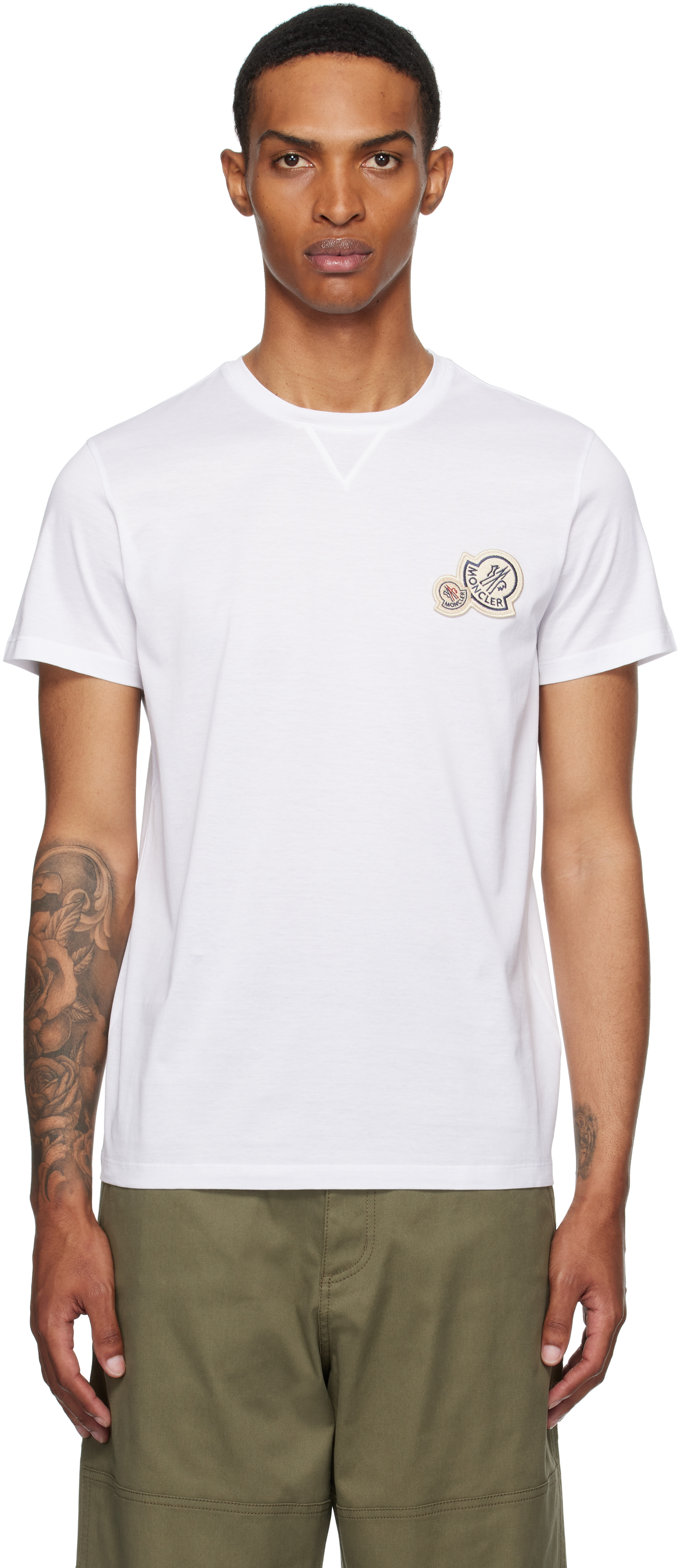 Moncler: White Double Logo Patch Cotton T-shirt | SSENSE