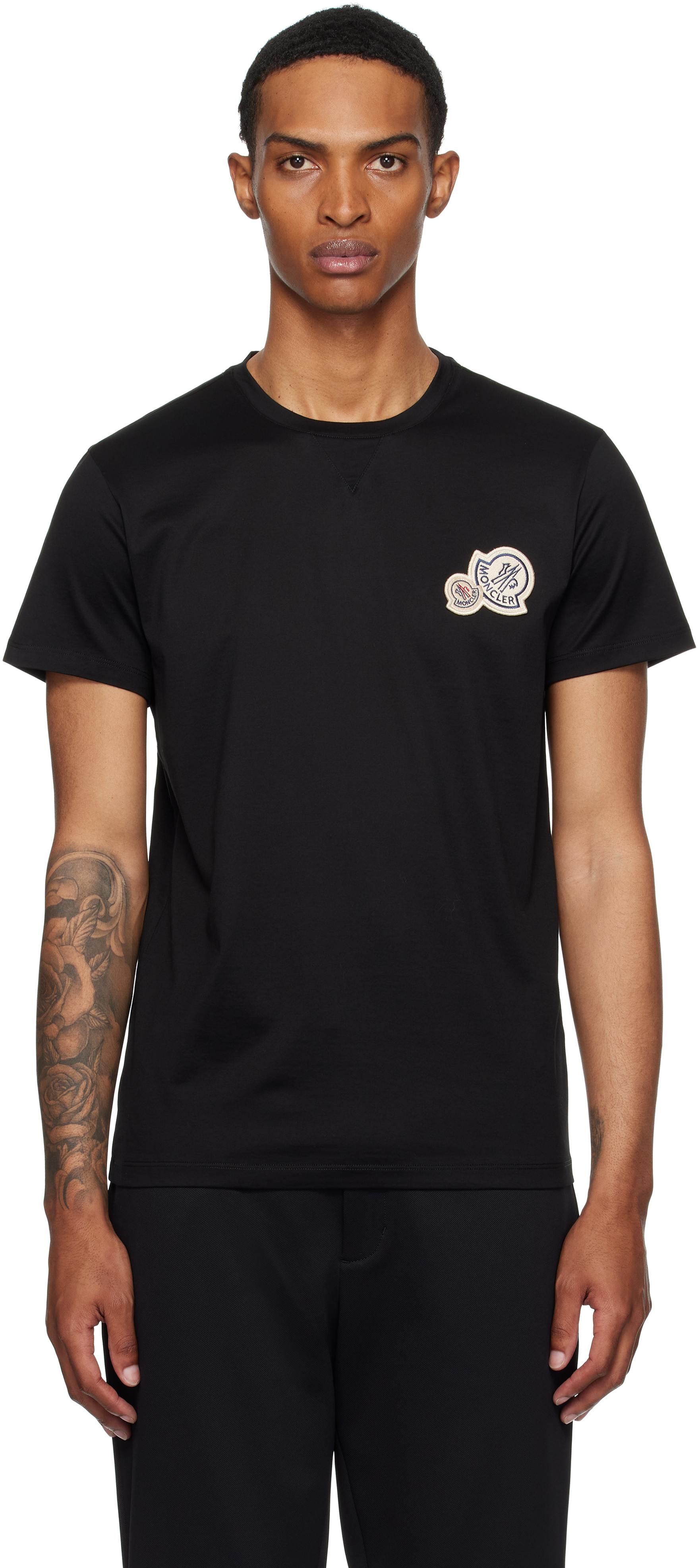 Moncler: Black Double Logo Patch Cotton T-shirt | SSENSE