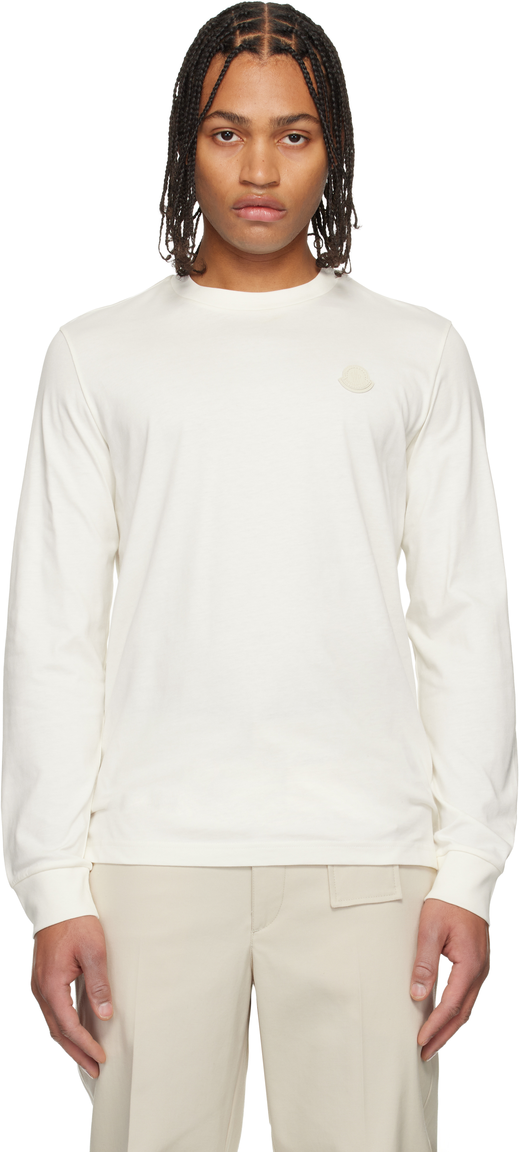 Moncler: Off-White Leather Logo Long Sleeve T-shirt | SSENSE