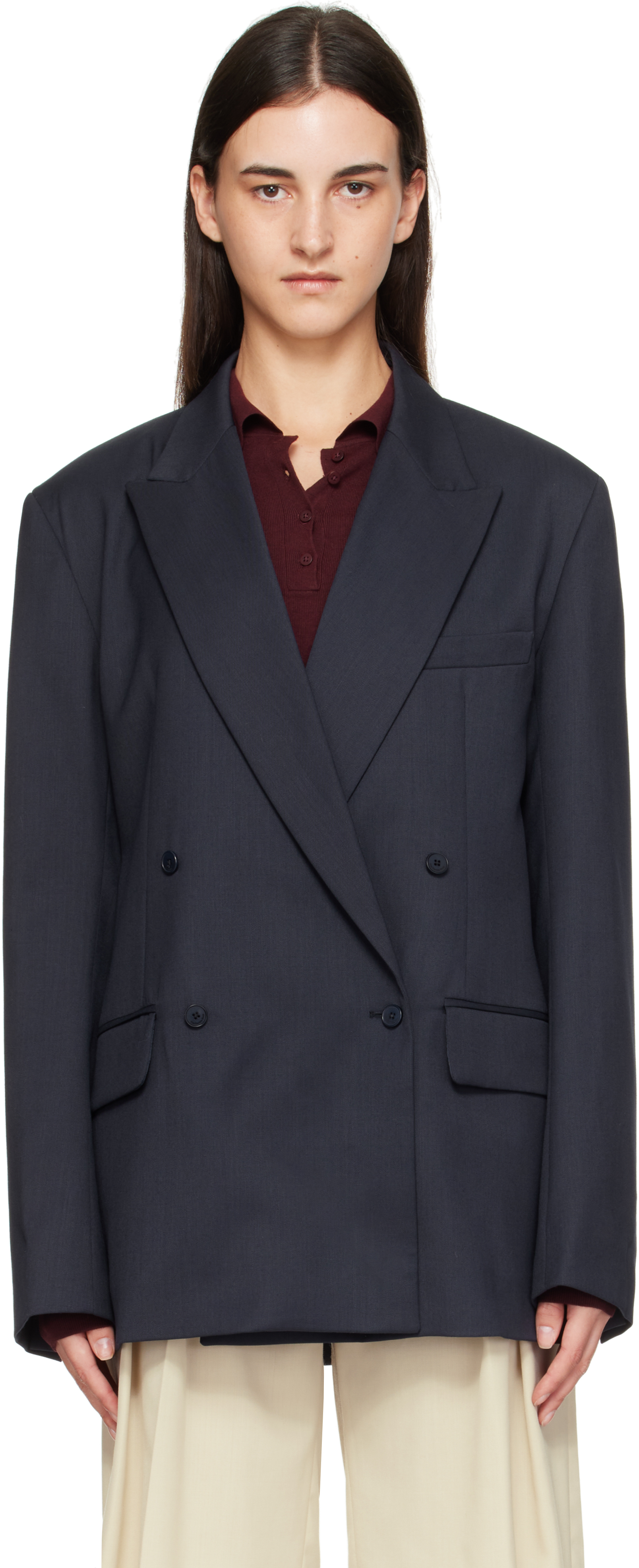 The Frankie Shop Womens Navy Newark Double-breasted Wool-blend Blazer In Blue
