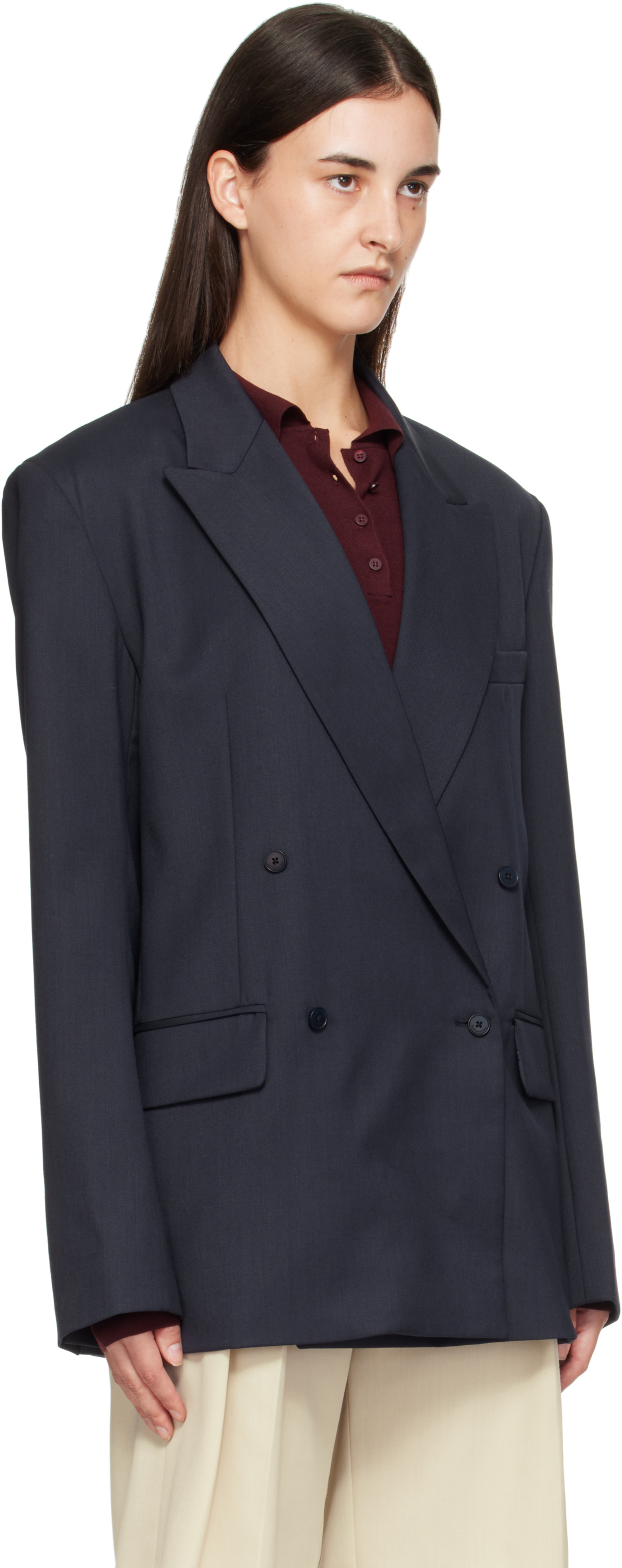 The Frankie Shop Womens Navy Newark Double-breasted Wool-blend Blazer In Blue