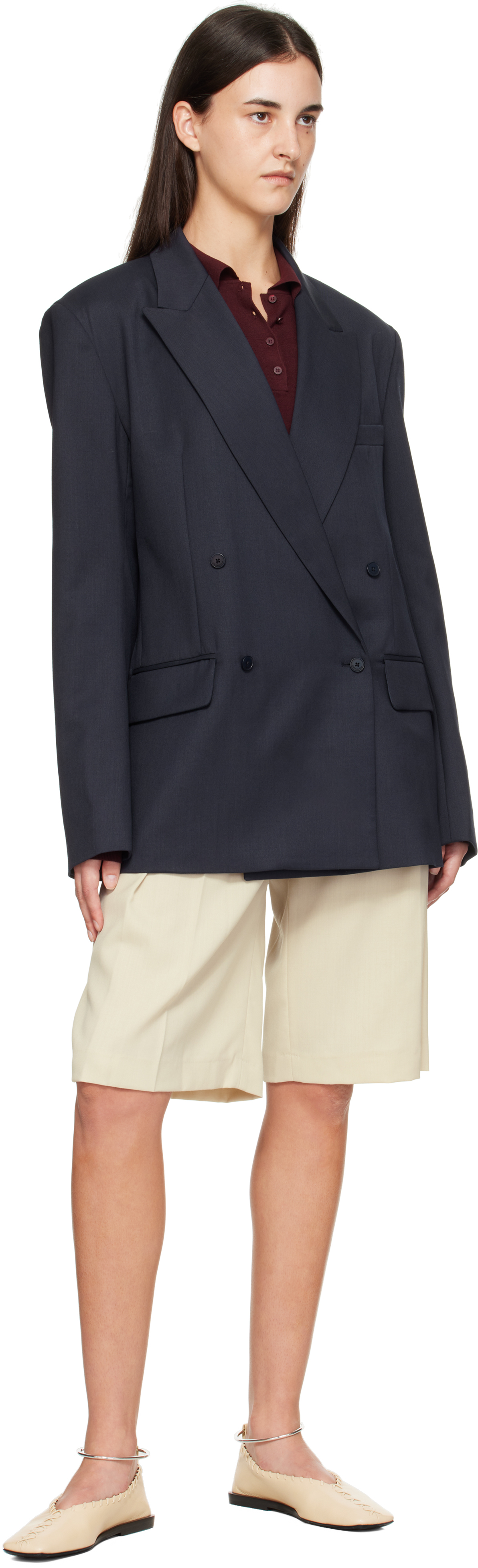 The Frankie Shop Womens Navy Newark Double-breasted Wool-blend Blazer In Blue
