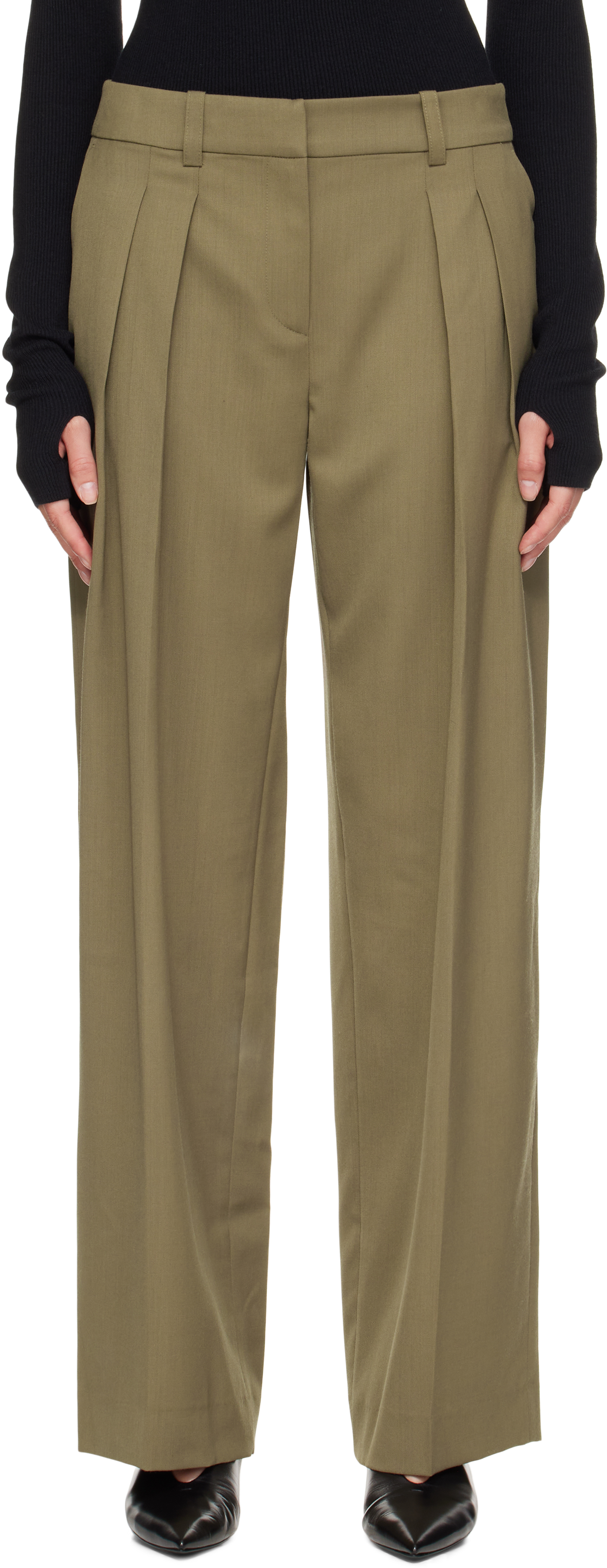 The Frankie Shop Womens Khaki Daytona Pleated Wool Trousers In Black