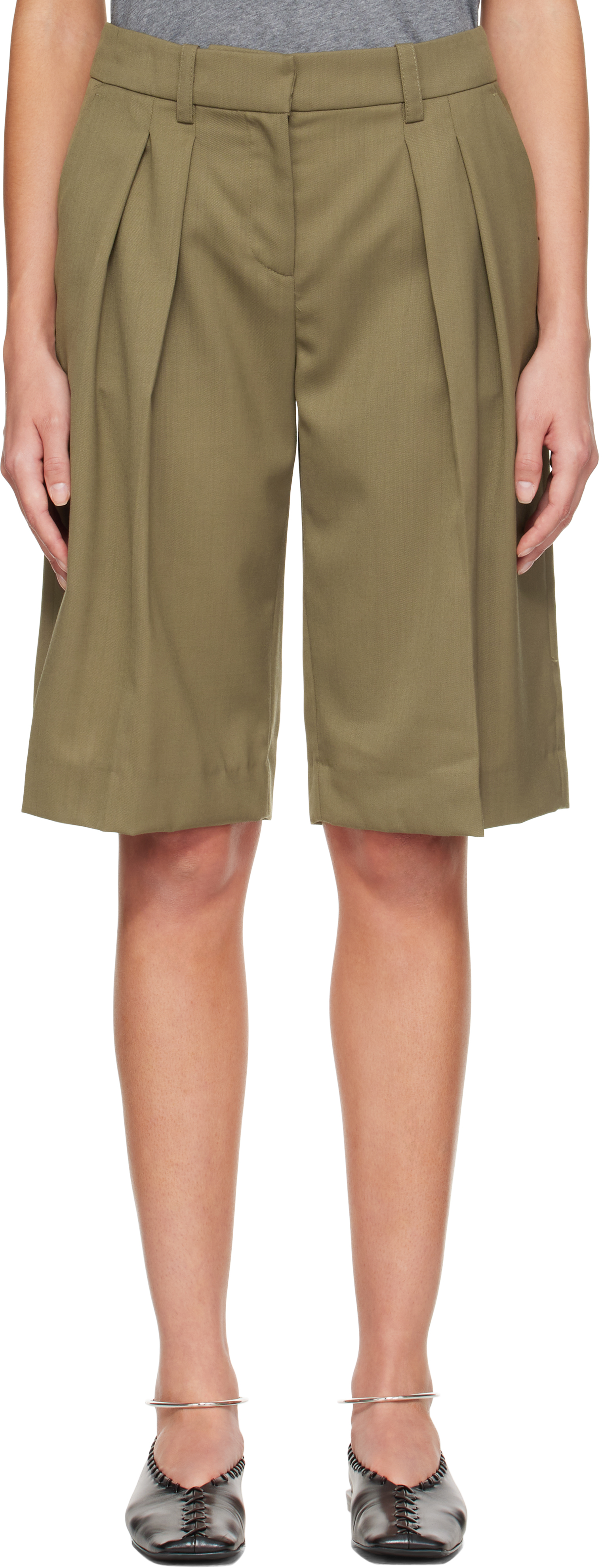 The Frankie Shop Womens Khaki Bilbao Pleated Wool Bermuda Shorts In Green
