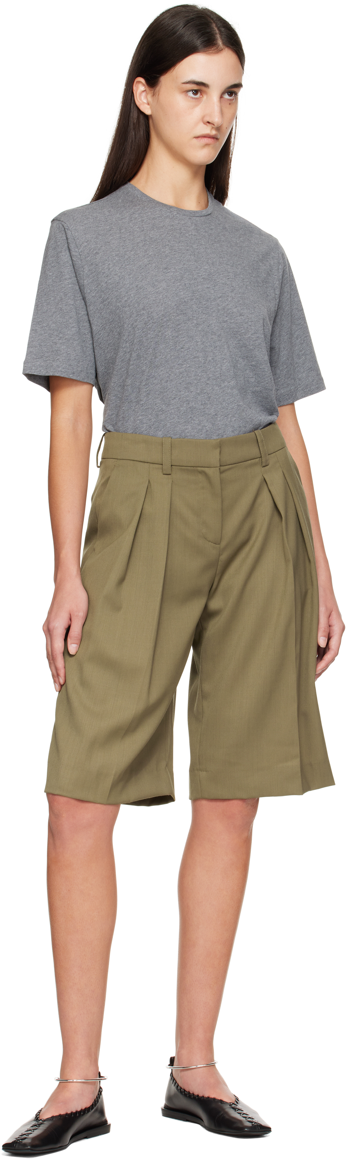 The Frankie Shop Womens Khaki Bilbao Pleated Wool Bermuda Shorts In Green