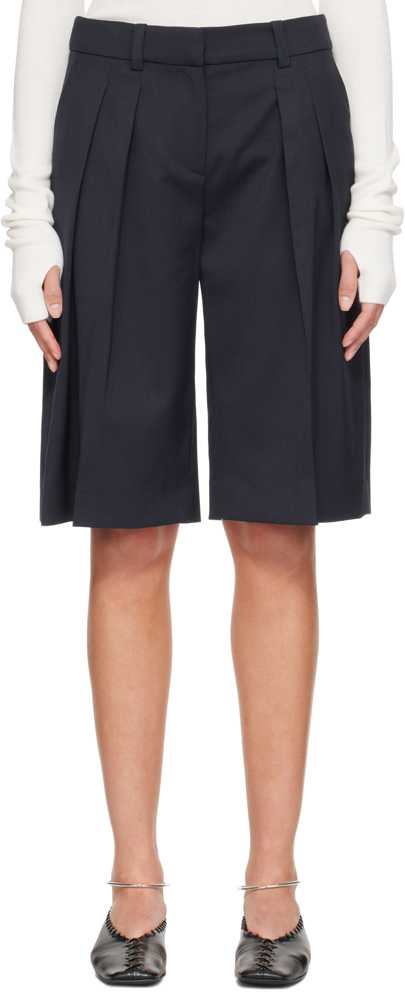 The Frankie Shop Navy Bilbao Pleated Bermuda Shorts In Blue
