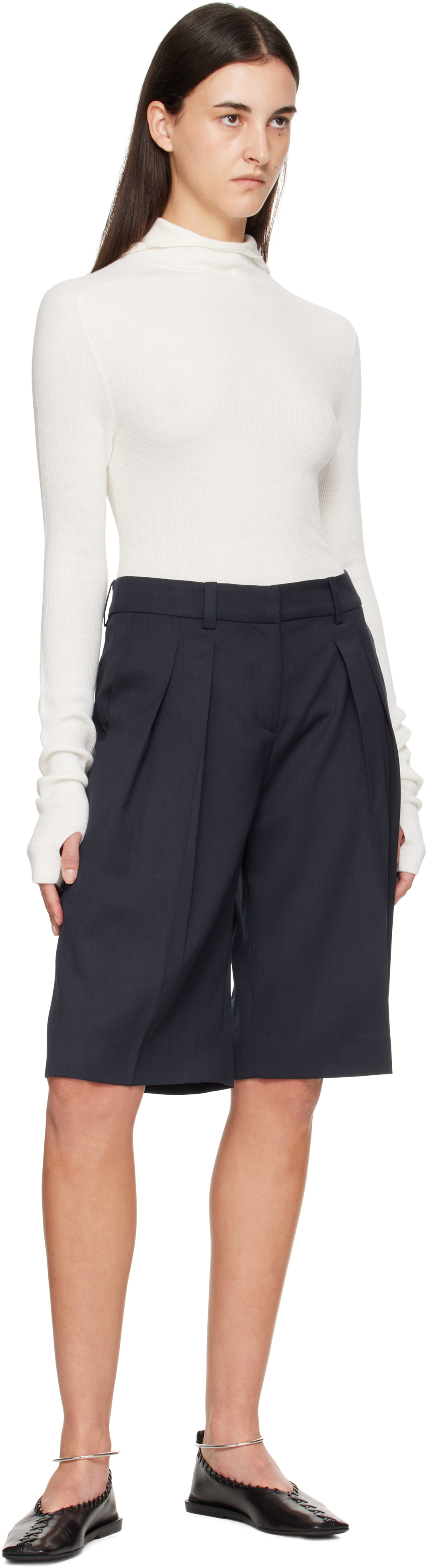 The Frankie Shop Navy Bilbao Pleated Bermuda Shorts In Blue