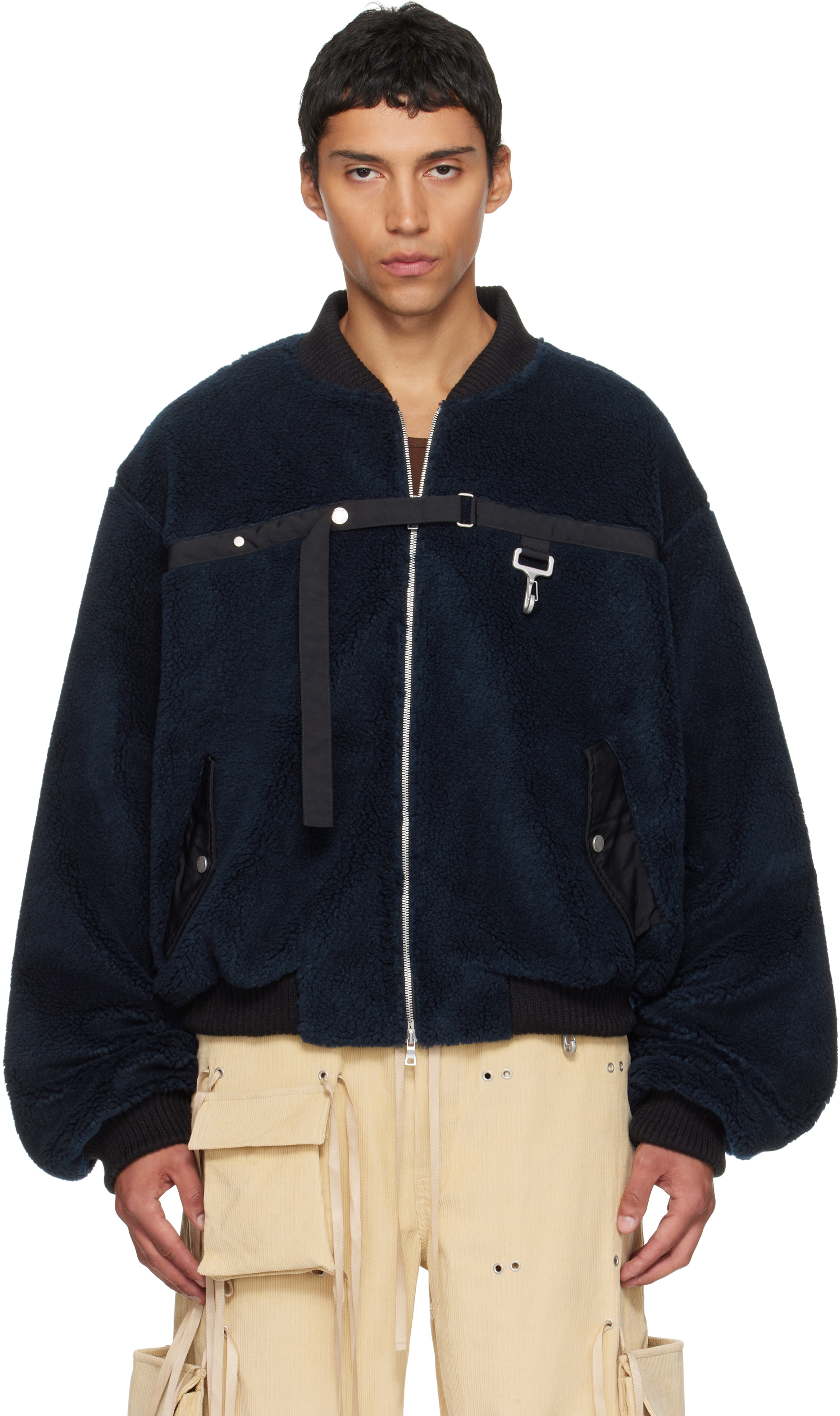 Reese Cooper Navy Sherpa Fleece Bomber Jacket In Blue
