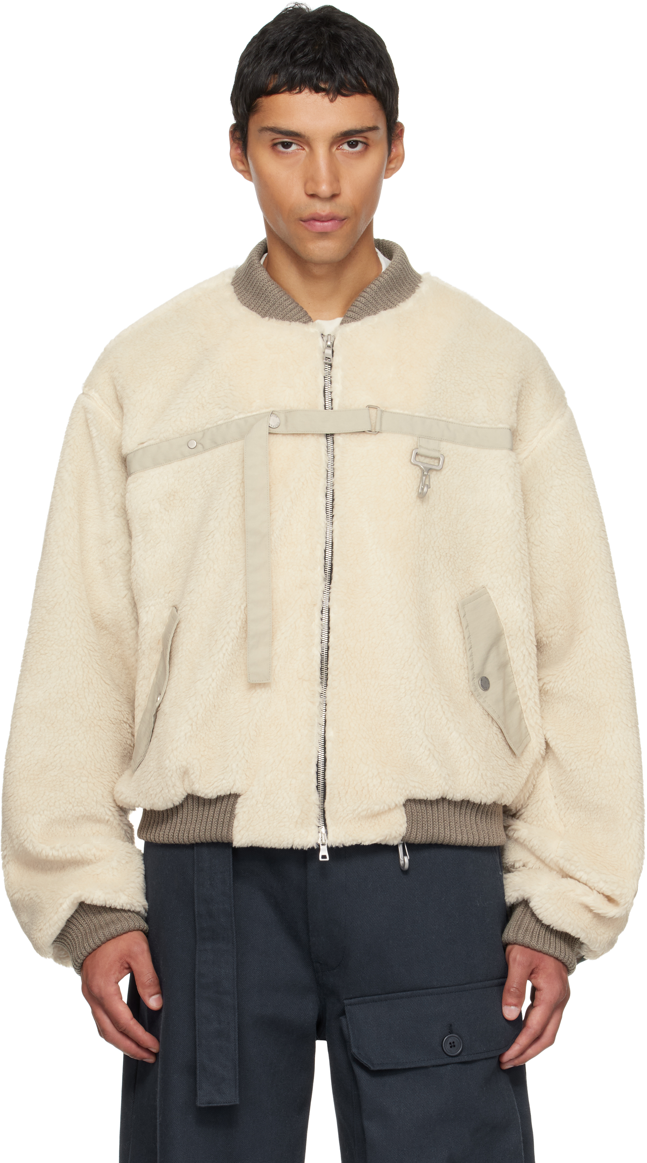Reese Cooper Beige Sherpa Fleece Bomber Jacket In Neutral