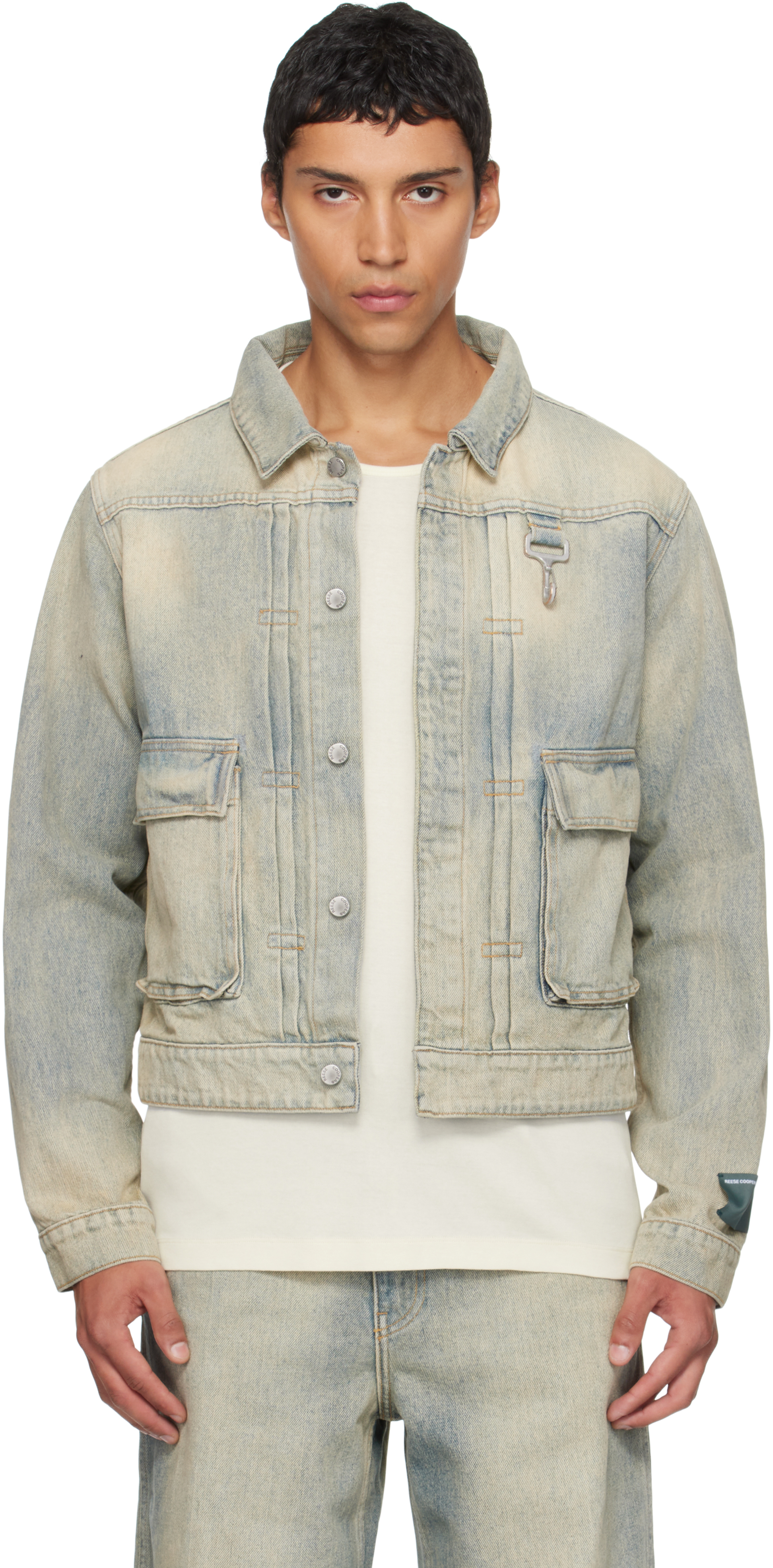 Reese Cooper Blue Concealed Button Denim Trucker Jacket In Gray