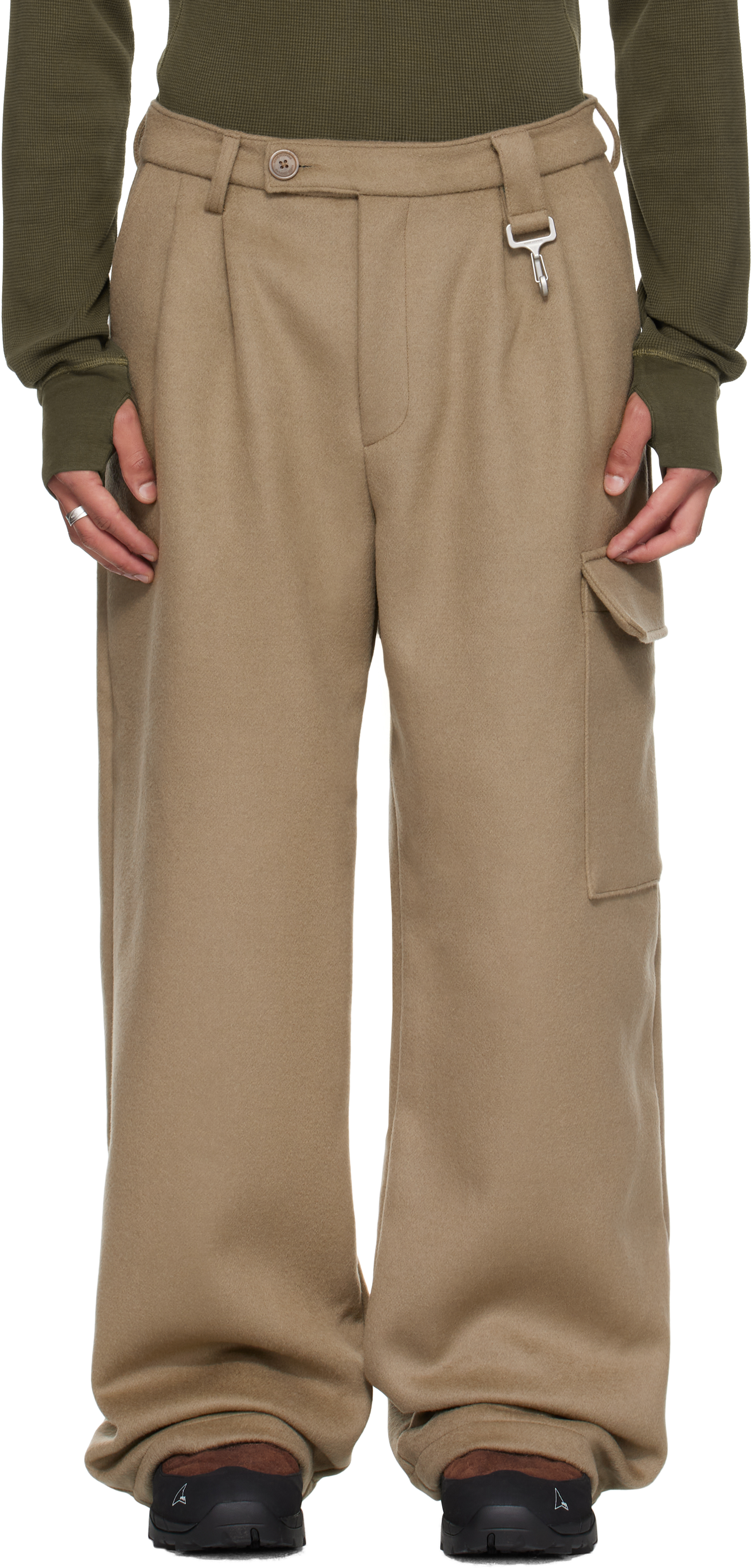 Reese Cooper Gray Merino Wool Pleated Cargo Pants In Brown