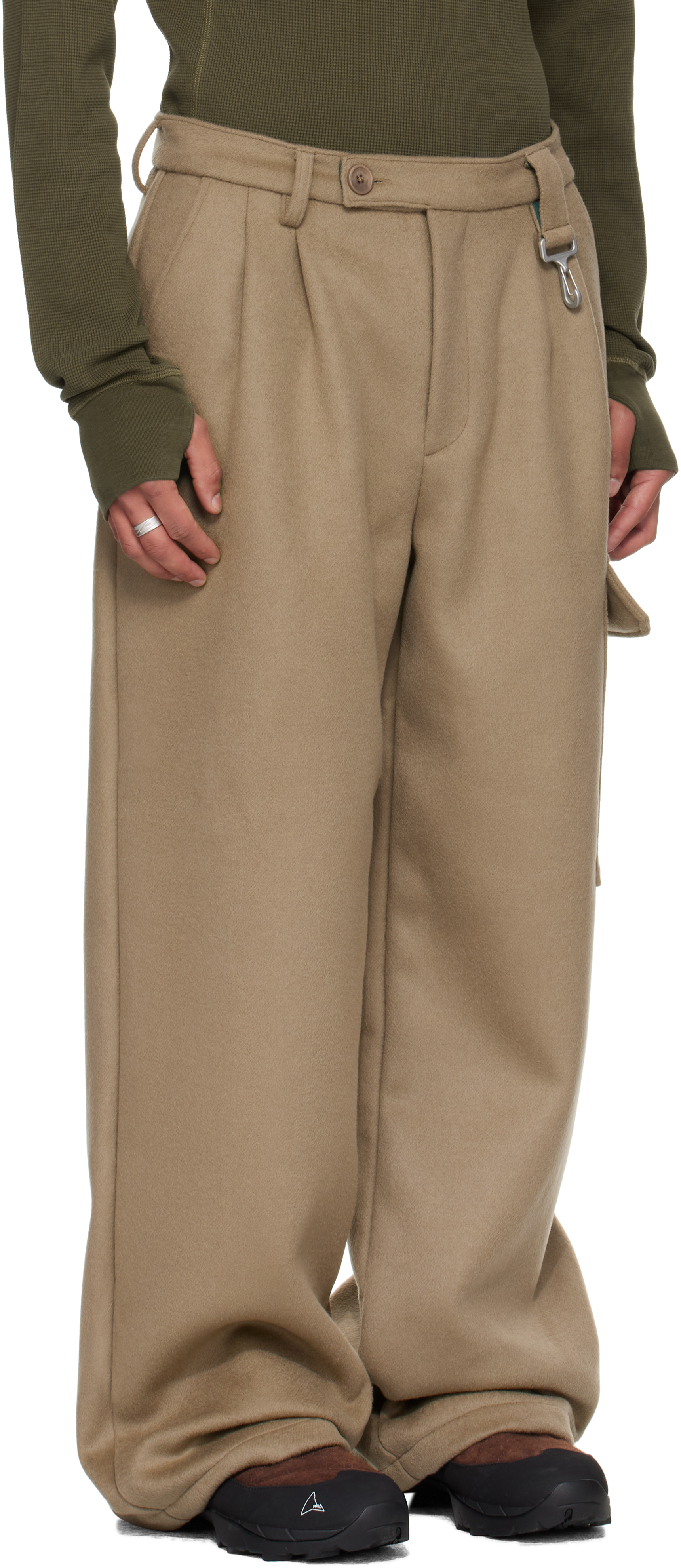 Reese Cooper Gray Merino Wool Pleated Cargo Pants In Brown