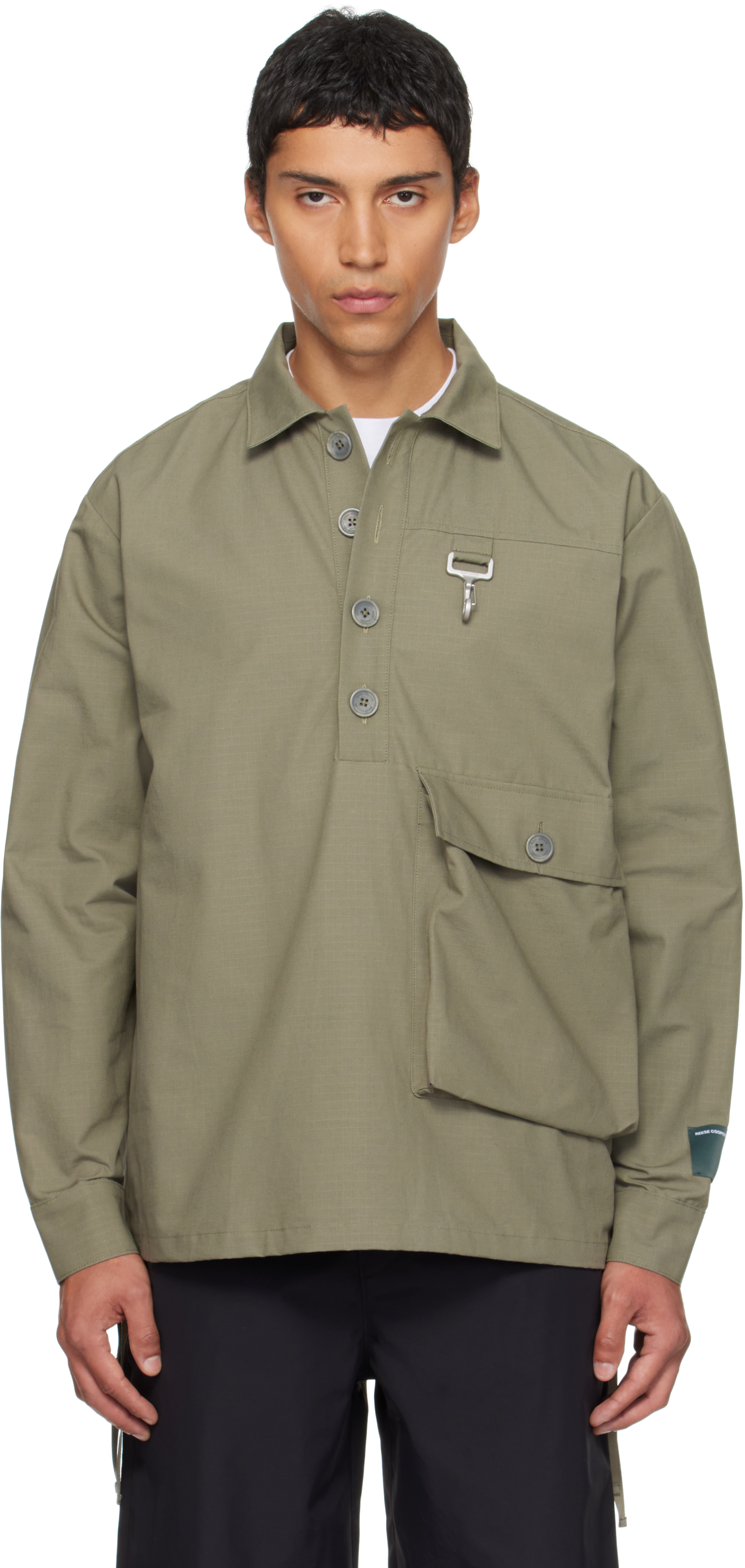 Reese Cooper Khaki Cotton Ripstop Pullover Cargo Shirt In Green