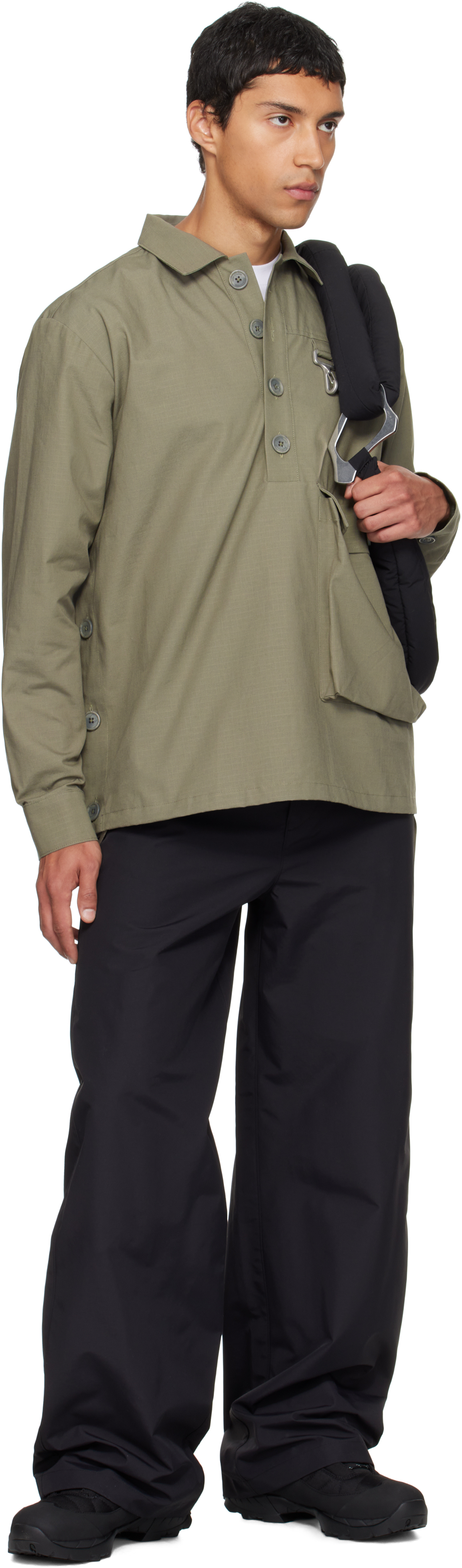 Reese Cooper Khaki Cotton Ripstop Pullover Cargo Shirt In Green